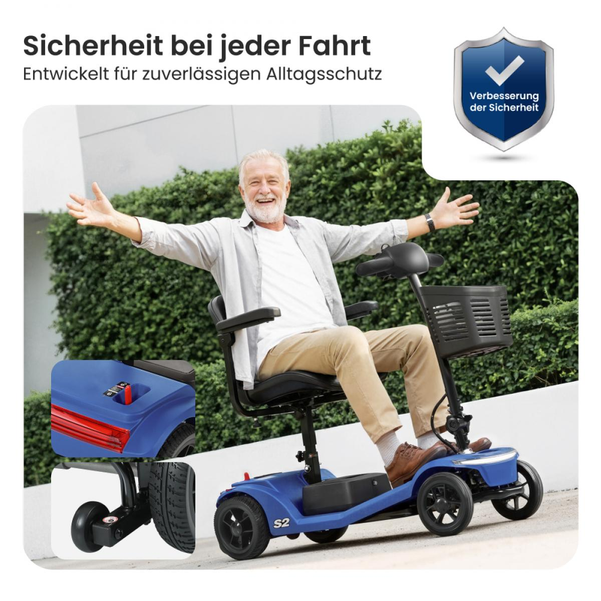 Ein älterer Mann fährt einen blauen Elektroroller mit ausgestreckten Armen.