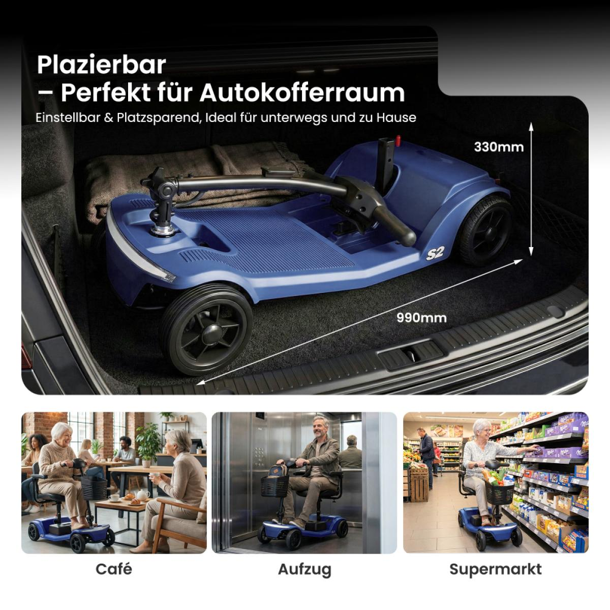 Ein blauer Scooter in einem Kofferraum und Szenen im Café, Aufzug, Supermarkt.