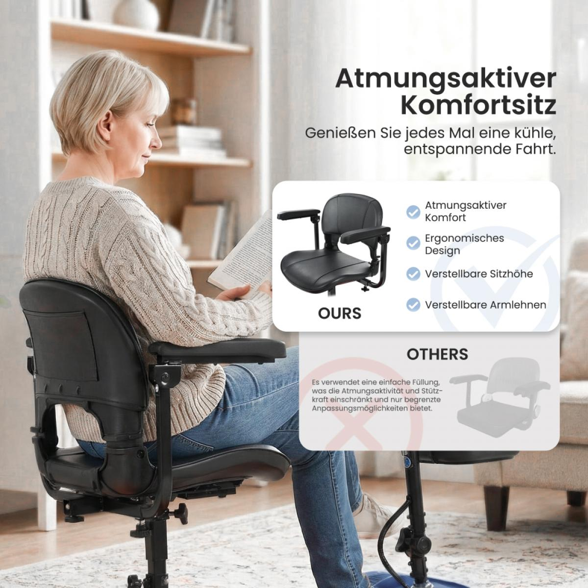 Frau liest Buch in einem Rollstuhl mit verstellbaren Armlehnen und Sitzhöhe.