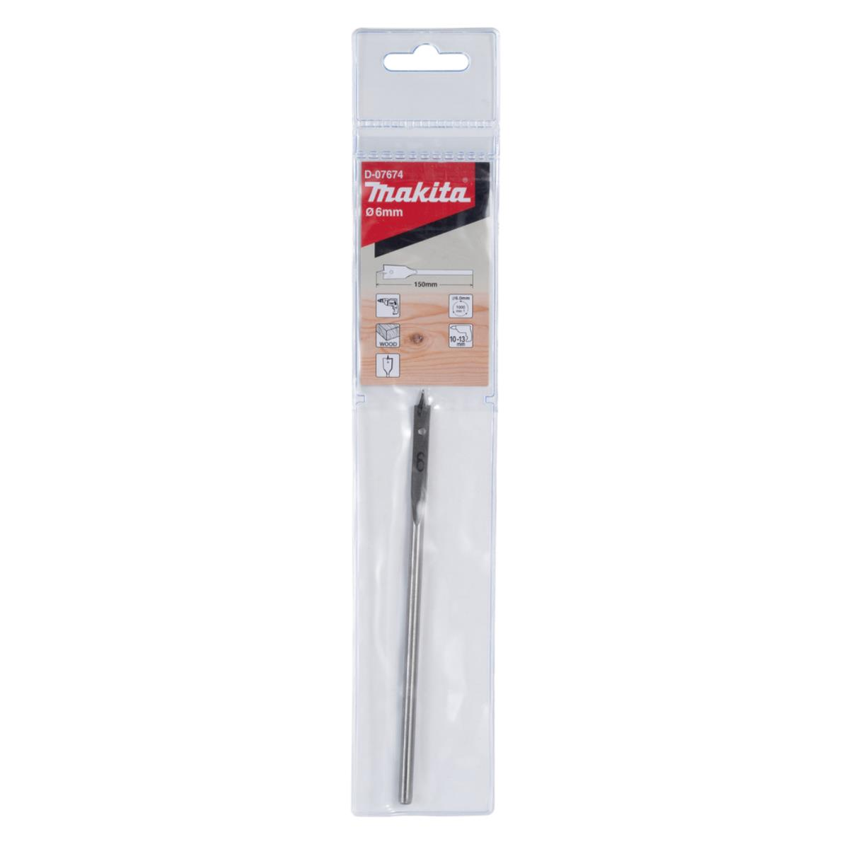 Makita 6mm Flachbohrer mit Verpackung. Silberfarben, mittig.
