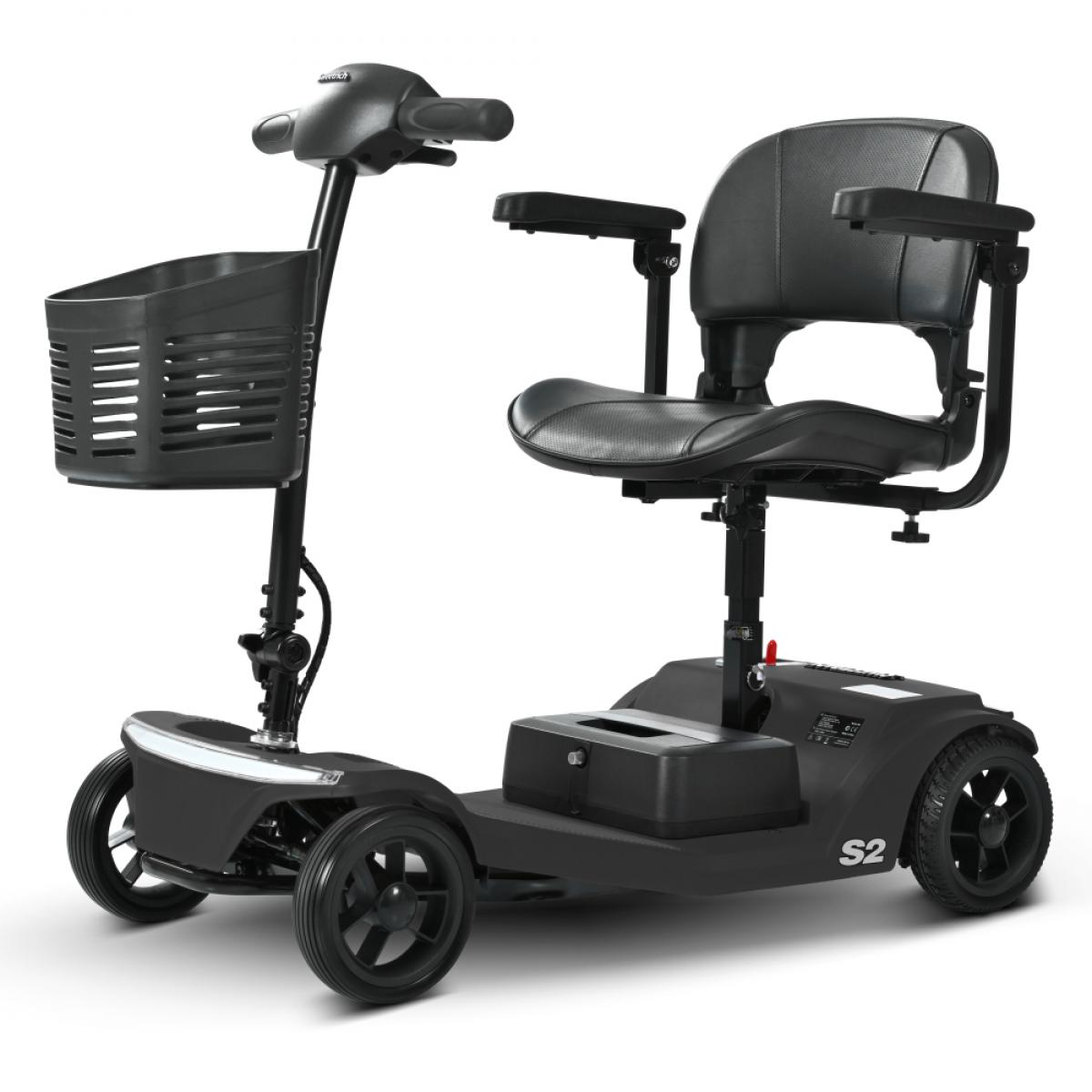 Ein schwarzer Elektromobilitätsroller mit Sitz, Armlehnen, Korb und Rädern.