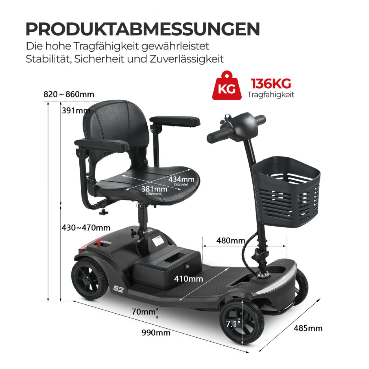 Mobilitätsroller mit Sitz, Korb und Maßen. 136 kg Tragfähigkeit.