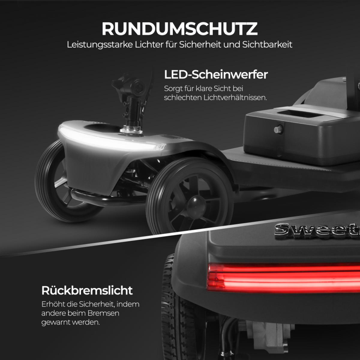 Mobilitätsroller mit hellem Frontscheinwerfer und rotem Rücklicht.