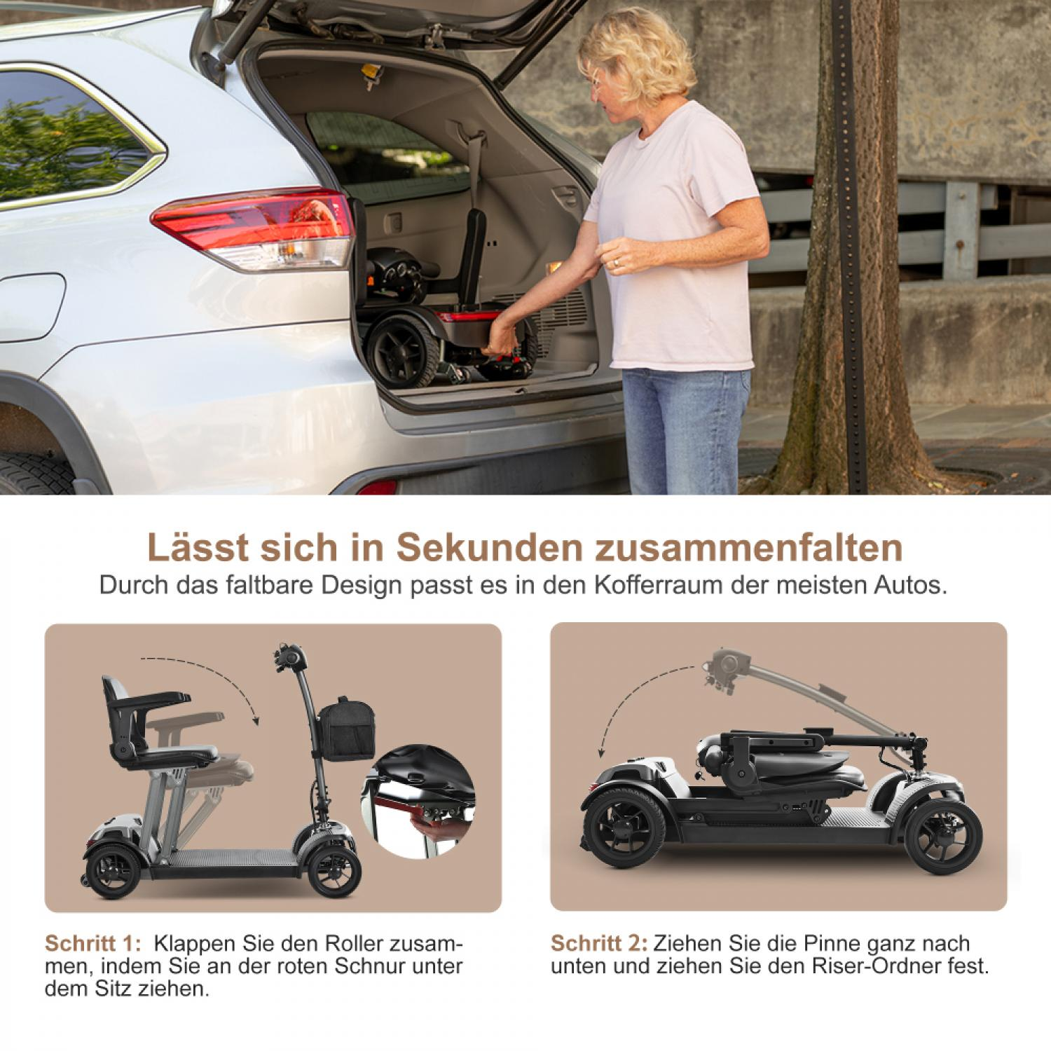 Frau lädt faltbaren Elektroroller in ein Auto. Bilder zeigen Schritte 1 und 2.