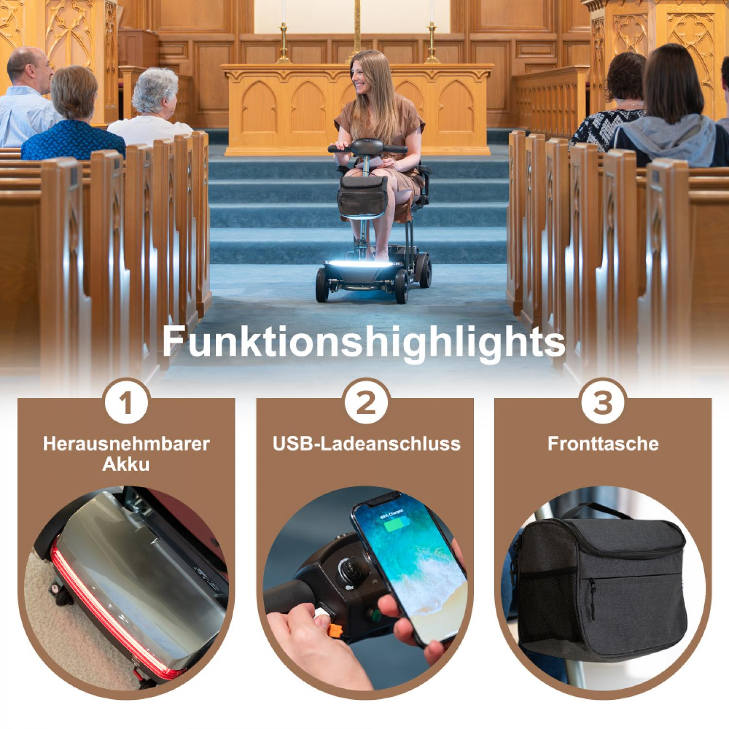 Eine Frau fährt einen Rollstuhl in einer Kirche, mit hervorgehobenem Akku, Ladeanschluss und Tasche.