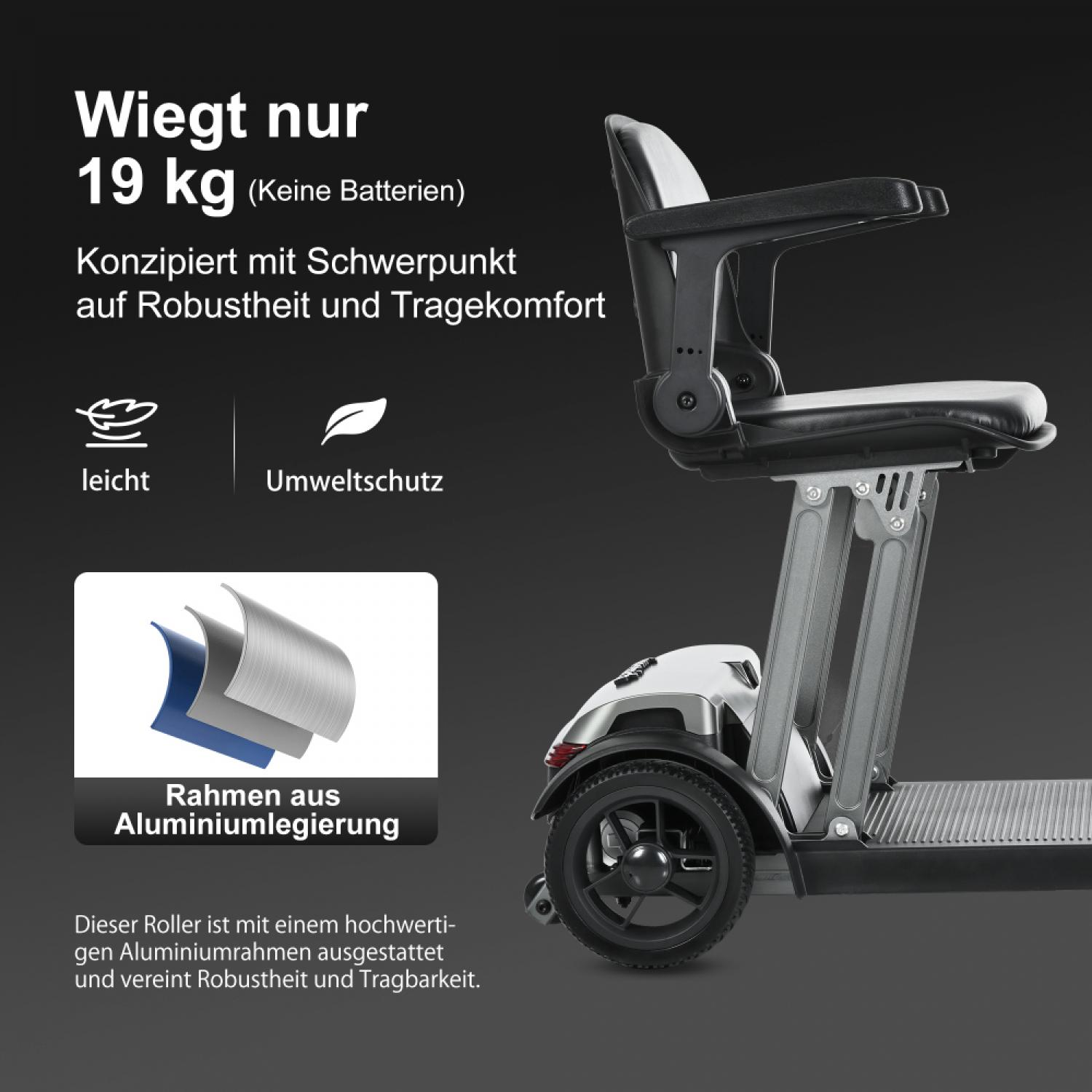 Leichter silberner Elektroroller mit schwarzem Sitz und Aluminiumrahmen.