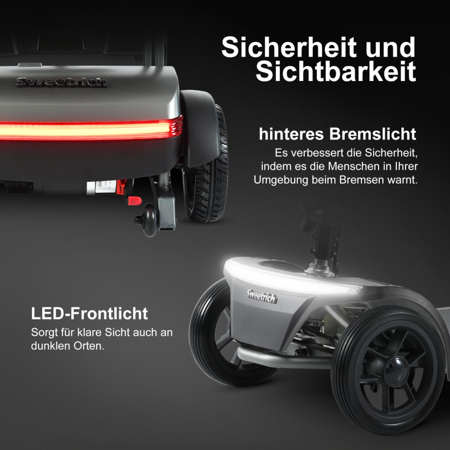 Mobilitätshilfe mit beleuchtetem Frontlicht und rotem Bremslicht.