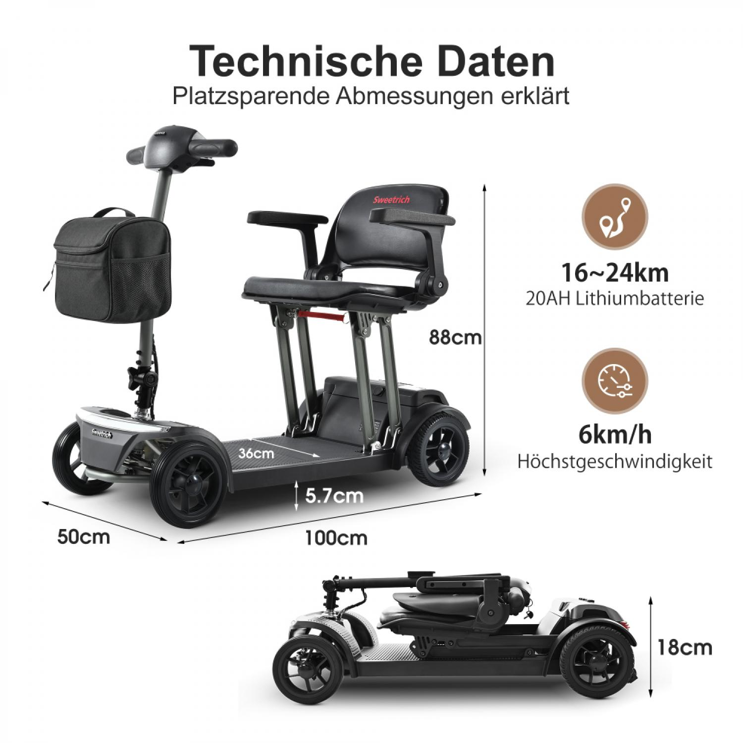 Technische Daten eines Rollers: Maße, Reichweite, Geschwindigkeit, zusammengeklappt.