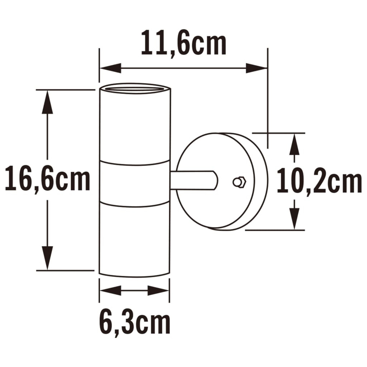 Technische Zeichnung einer Wandleuchte mit Maßen: H 16,6cm, B 11,6cm, T 6,3cm, Ø 10,2cm.