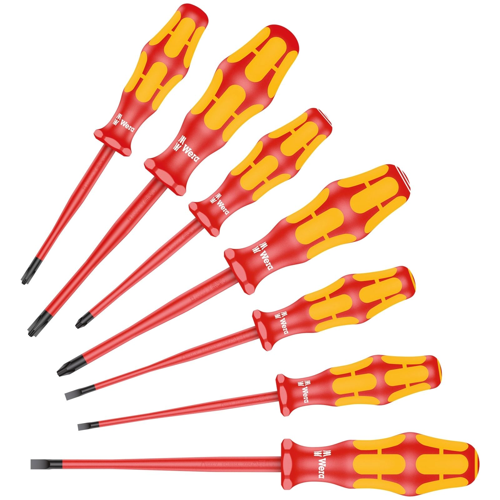 Sechs rote Schraubendreher mit gelben Griffen mit Sternspitzen und Schlitzspitzen.