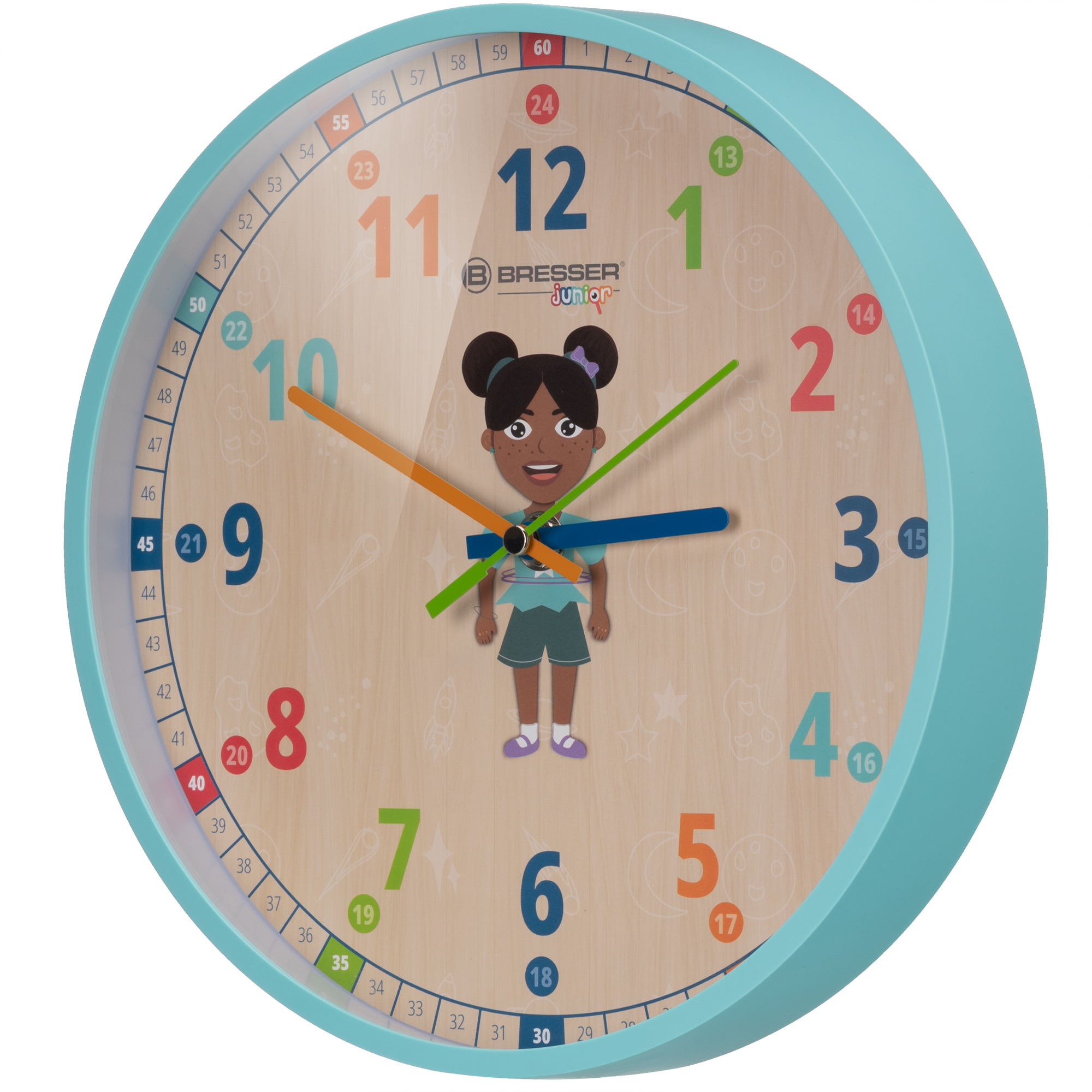 Ein Kinderwanduhr mit der Abbildung eines Mädchens und bunten Zahlen.