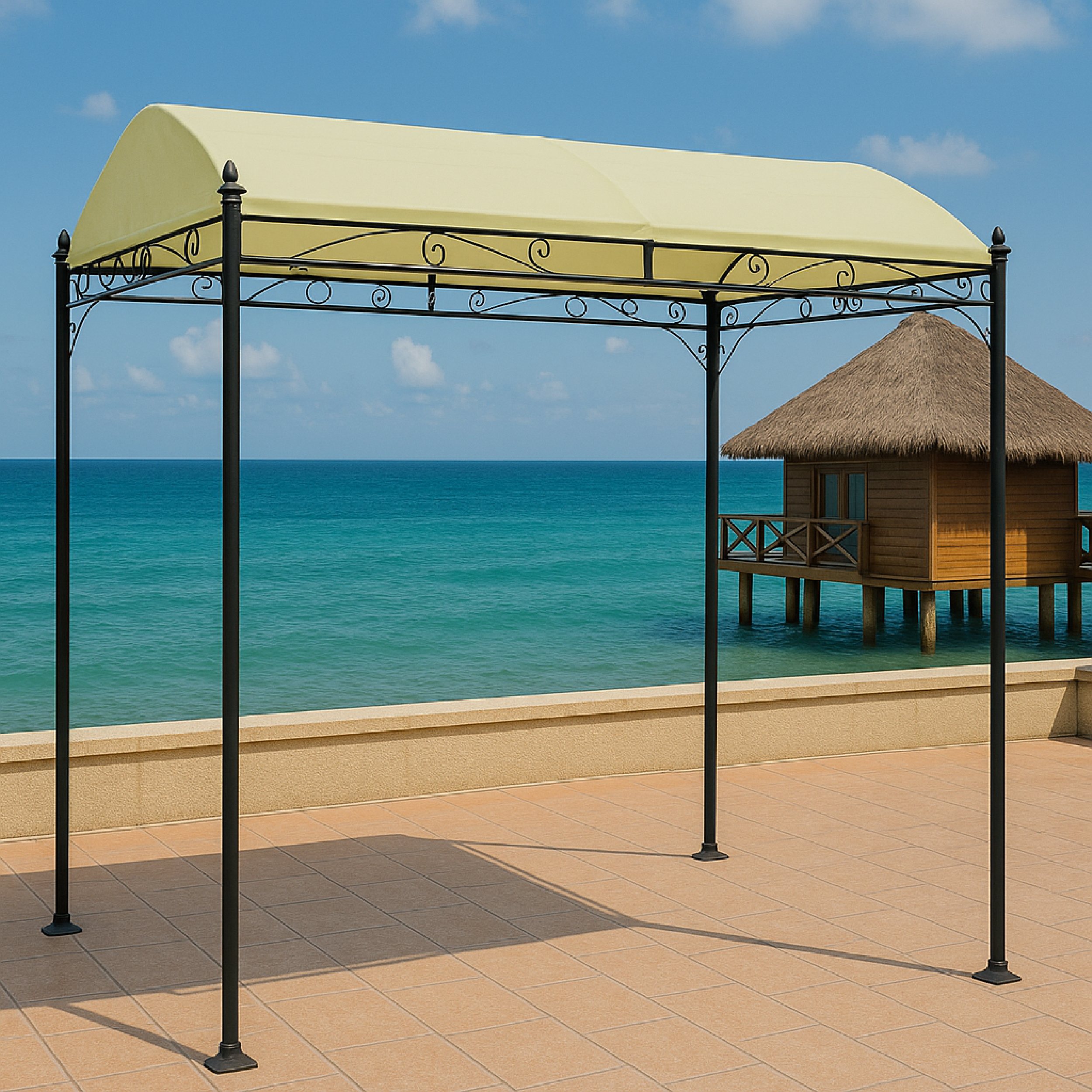 Ein hellgelber Pavillon steht auf einer gefliesten Terrasse am Meer. Ein Strohdachhaus steht im Wasser.