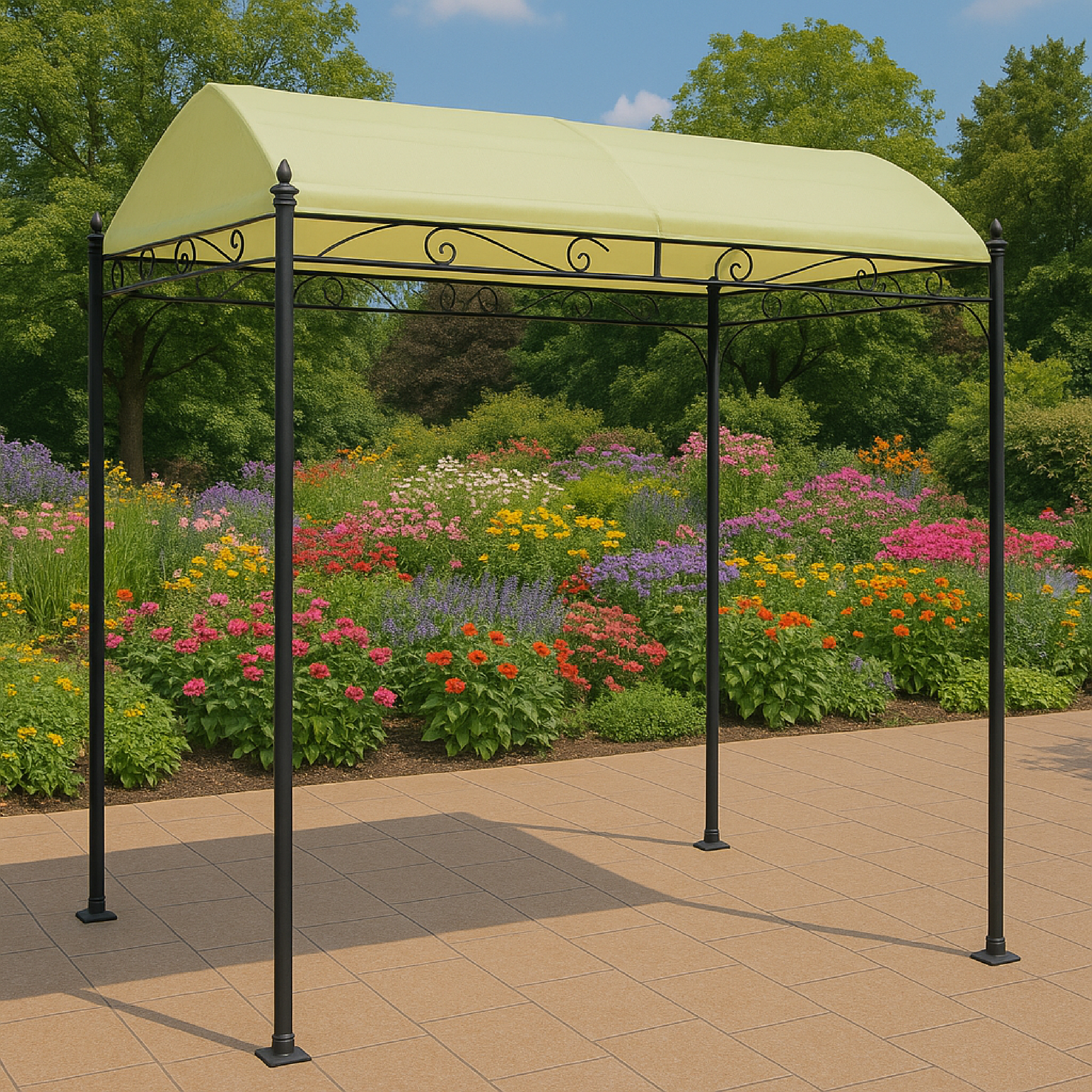 Ein hellgelbes Pavillondach auf einem gefliesten Weg, dahinter bunter Blumen- und Grüngarten.
