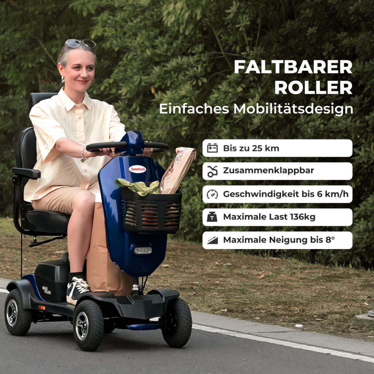 Frau auf blauem E-Scooter mit Korb, Faltbarer Roller, Einfaches Mobilitätsdesign.