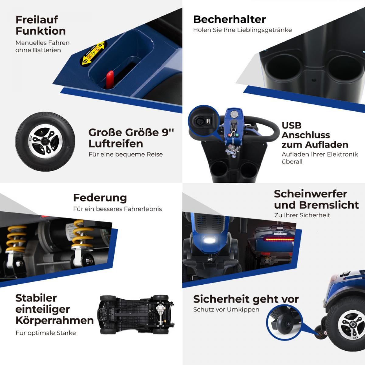 Produktmerkmale: Freilauffunktion, Becherhalter, 9" Luftreifen, USB-Anschluss, Federung, Scheinwerfer/Bremslicht.