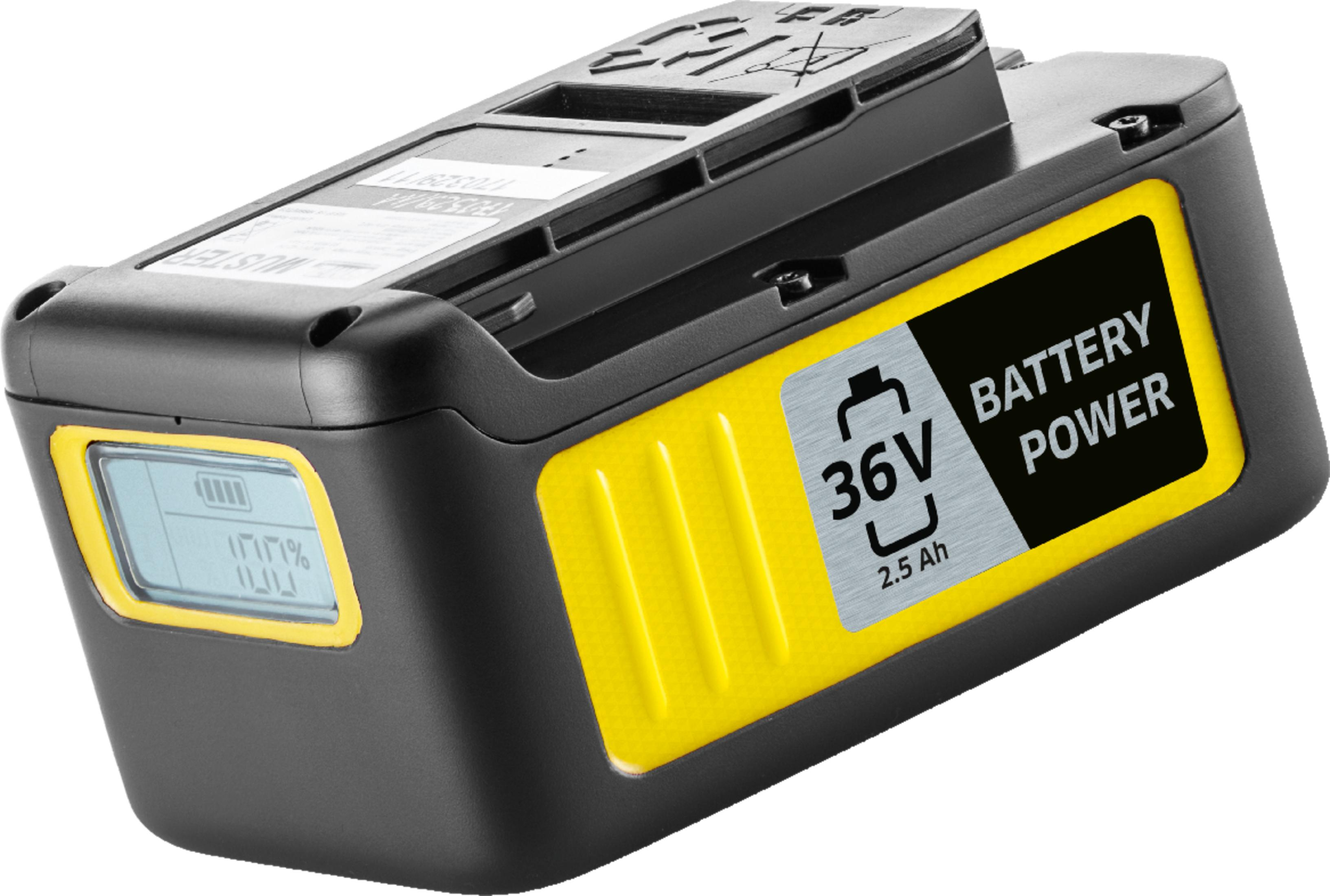 Schwarzer Akku mit gelben Akzenten, 36V, 2.5Ah, LCD-Anzeige mit Ladestand.