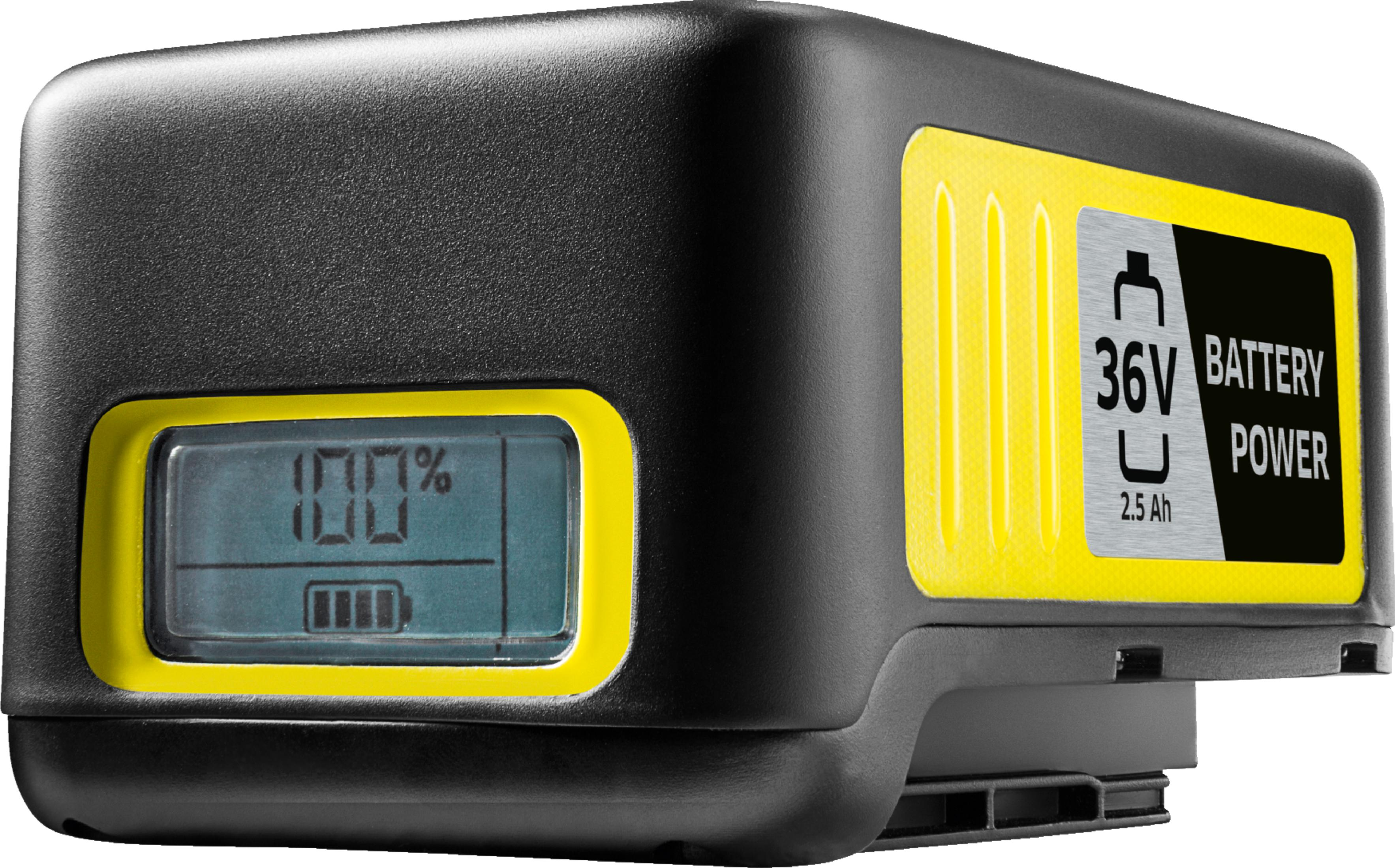 Schwarzer Akku mit gelbem Rand, zeigt 100% und 36V 2.5 Ah an.