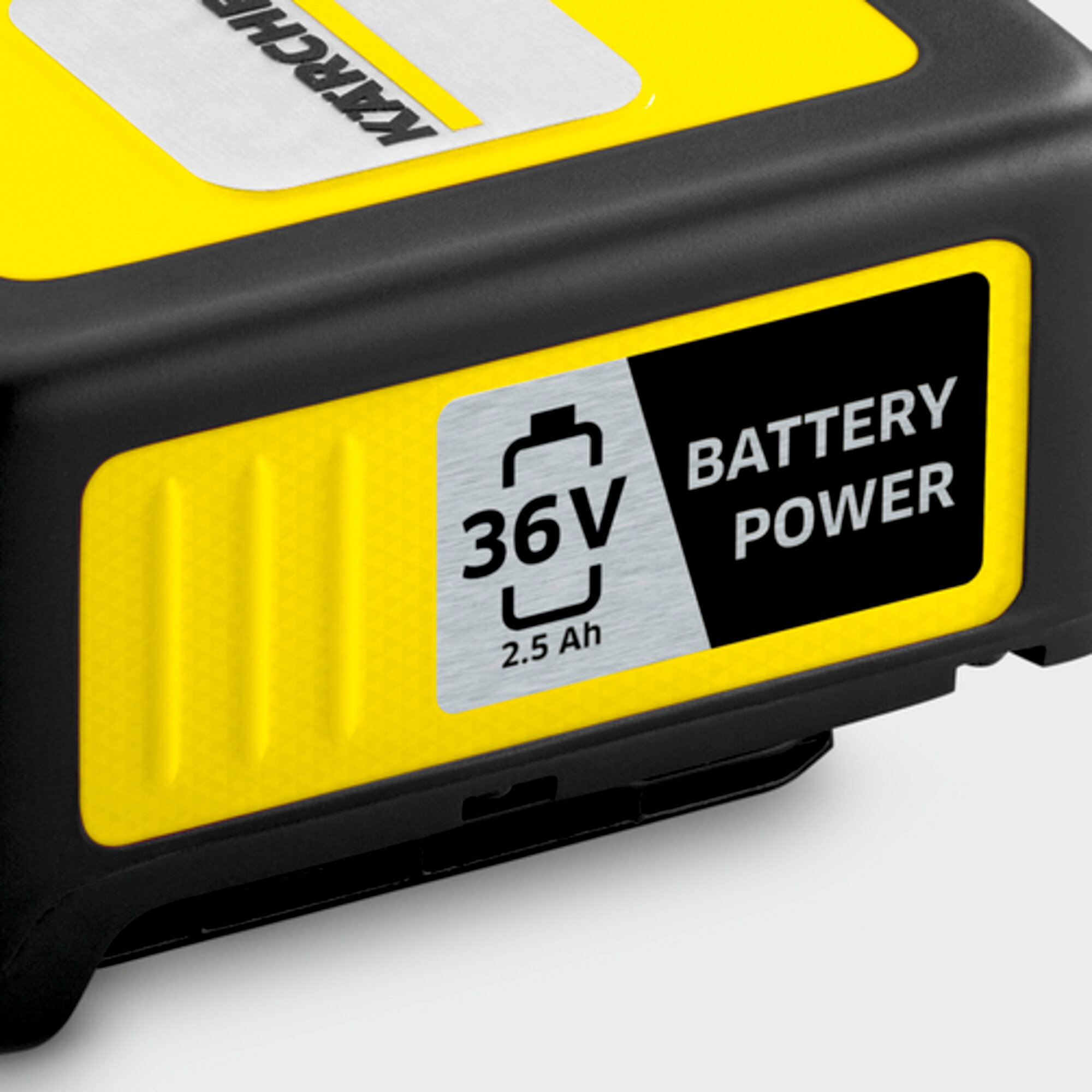 Ein gelber Akku mit schwarzer Umrandung und der Aufschrift 36V 2.5 Ah Battery Power.