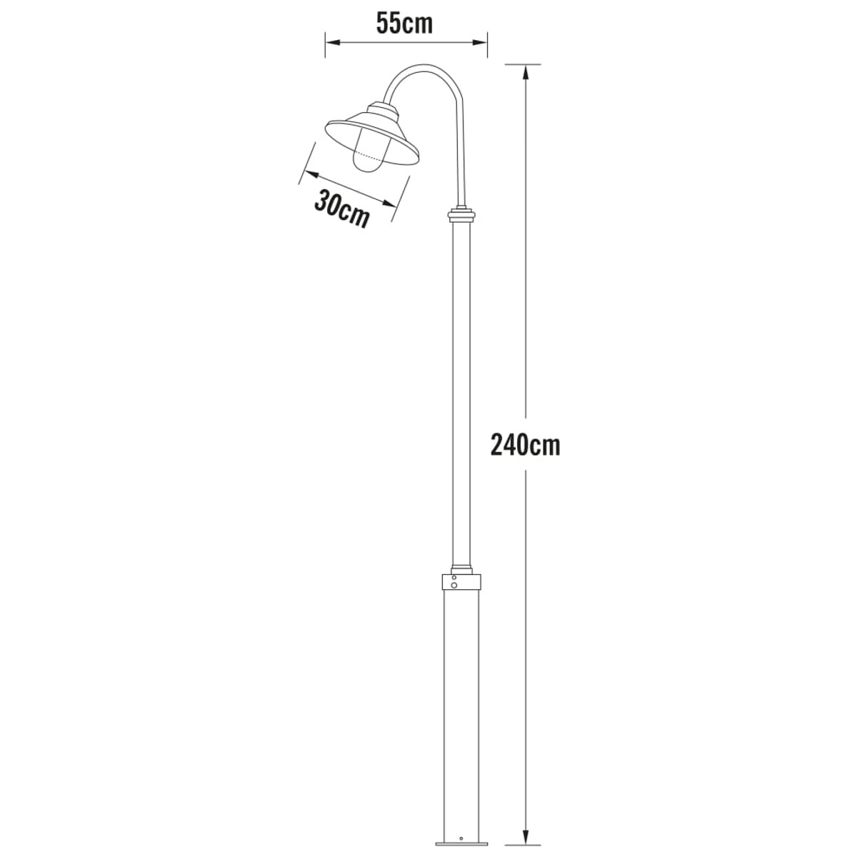Gartenlampe, 240cm hoch, mit 55cm breitem Lampenschirm.