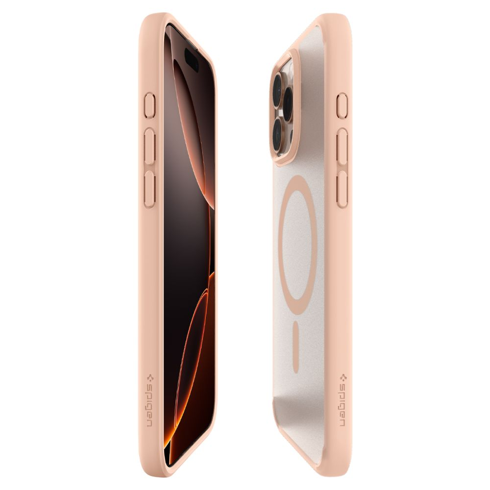 Ein rosafarbener iPhone-Schutz mit Magnetring und Spigen-Logo.