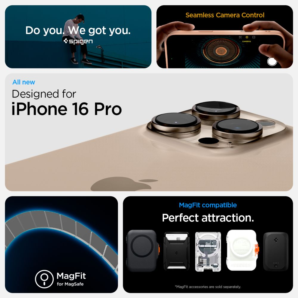 Produktwerbung für iPhone 16 Pro mit Spigen-Zubehör.