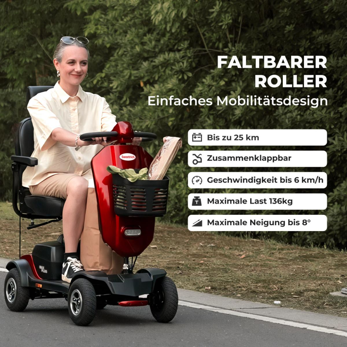 Eine Frau fährt einen roten, faltbaren Elektroscooter im Freien, neben technischen Daten.