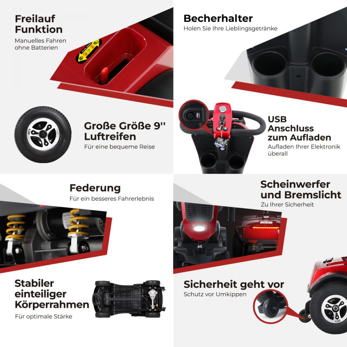 Übersicht über die Funktionen eines roten Elektromobils: Freilauffunktion, Becherhalter, USB-Anschluss, Federung, Scheinwerfer, Bremslicht, stabiler Rahmen.