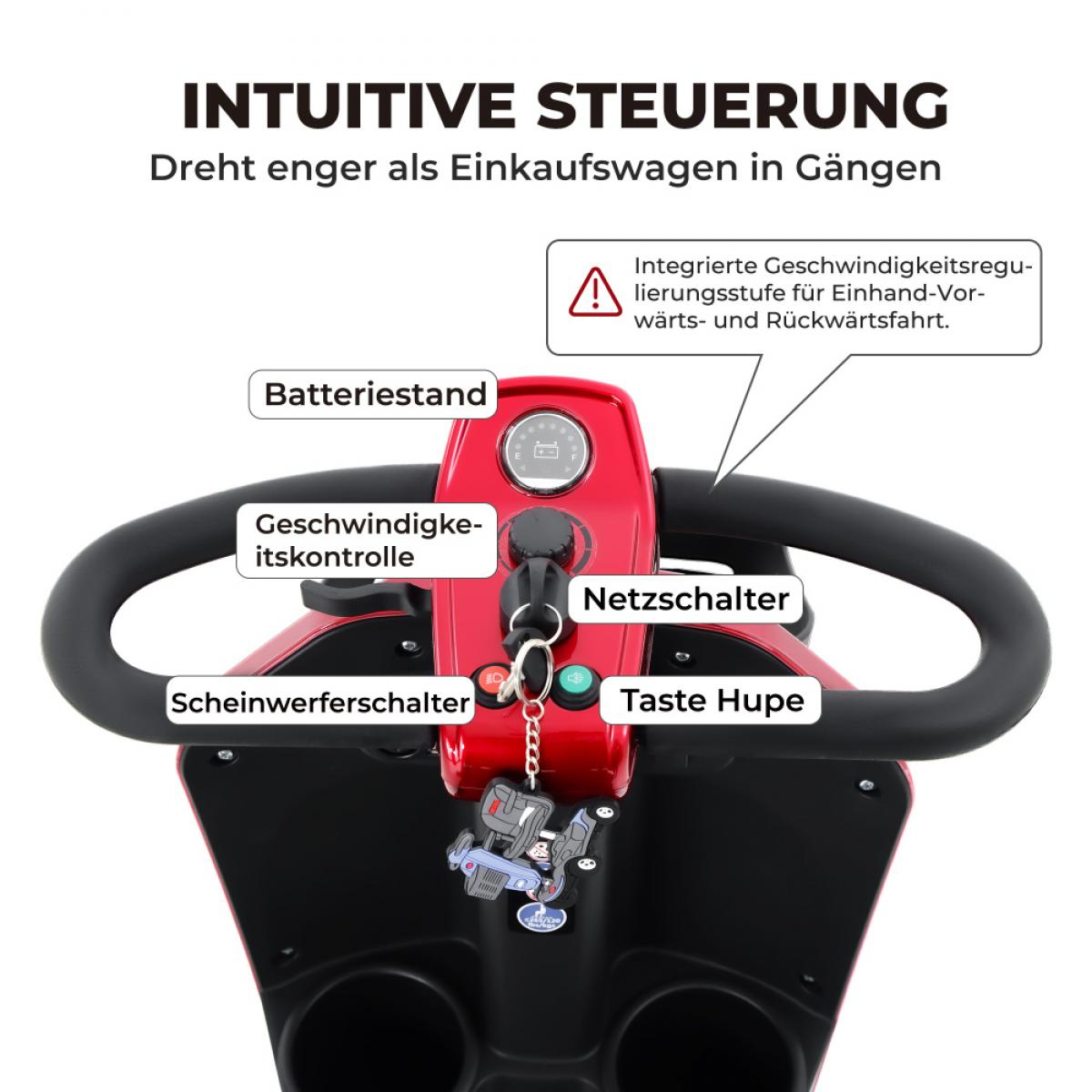 Rotes Bedienteil eines Rollers mit Bedienelementen wie Batteriestand und Netzschalter.