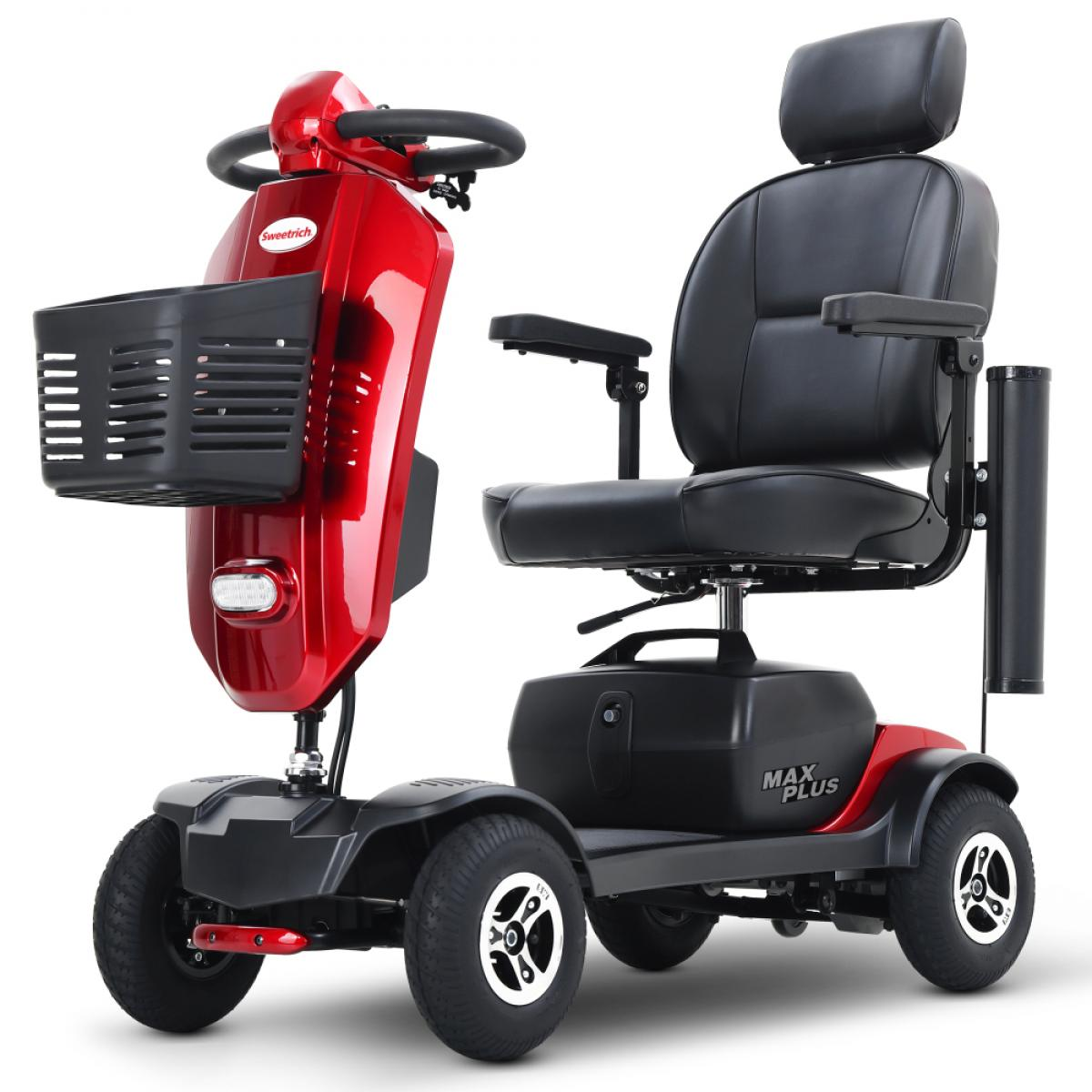Ein roter Elektromobilitätsroller mit schwarzem Sitz und Korb.