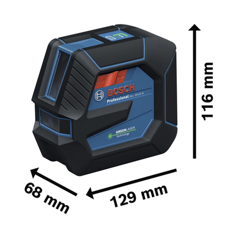 Bosch Professional GLL 20-22 G grüner Laser-Nivellierer mit Maßen 129x68x116mm.