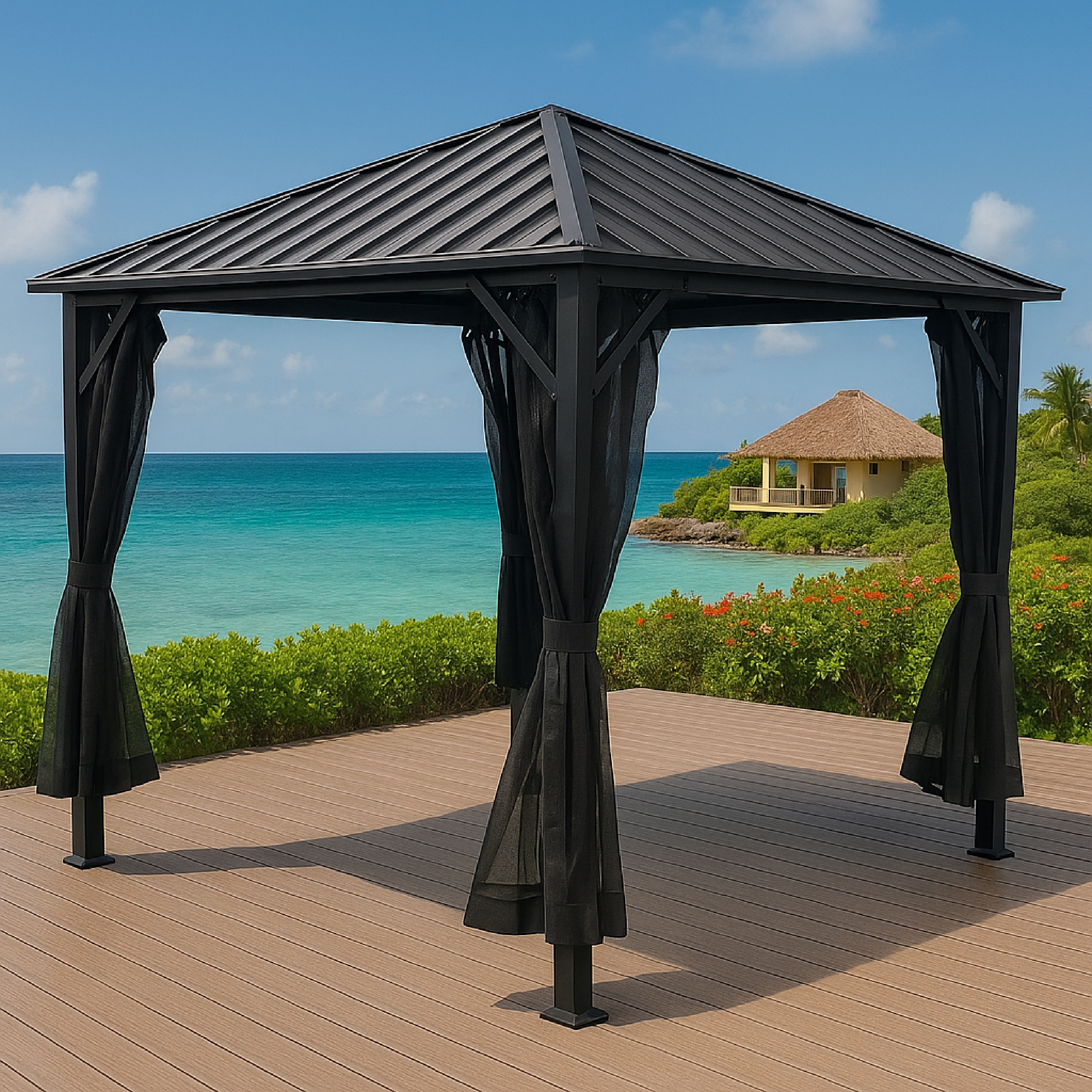 Schwarzer Pavillon mit Vorhängen auf einer Holzterrasse am Meer.