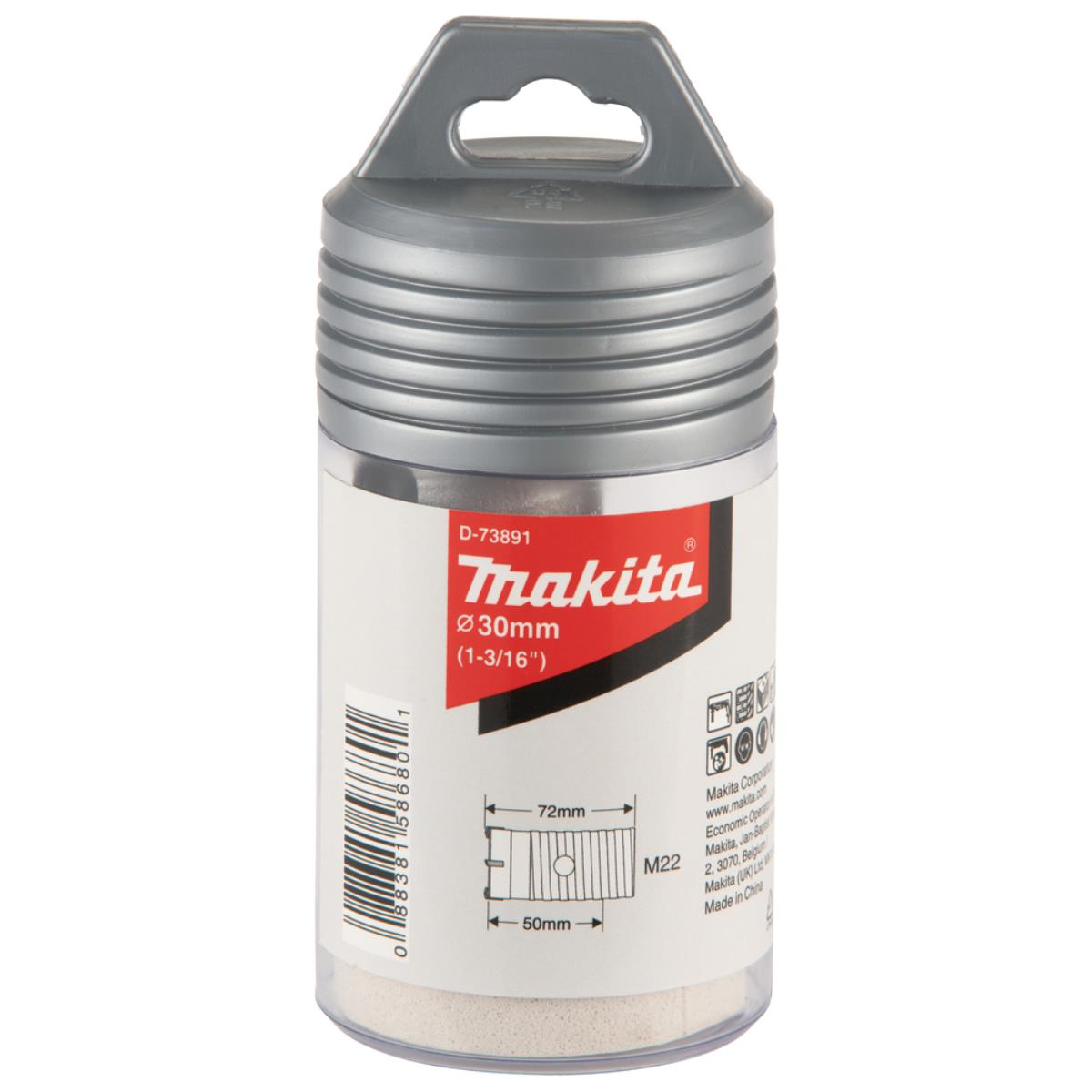 Makita Bohrer-Set in transparenter Dose mit silbernem Deckel und Aufhänger.