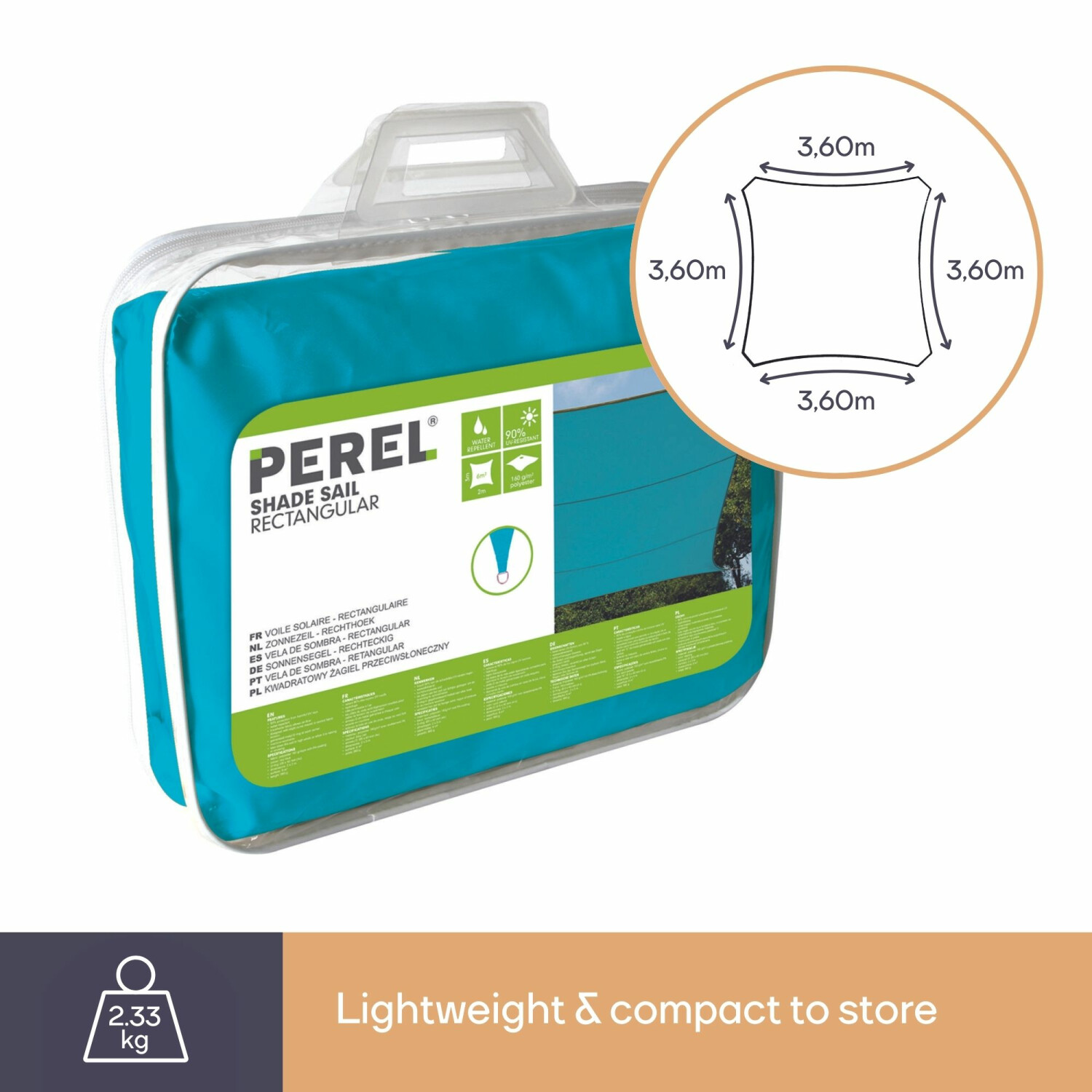 Verpacktes, türkisfarbenes Sonnensegel von Perel, 3,60 m Kantenlänge.
