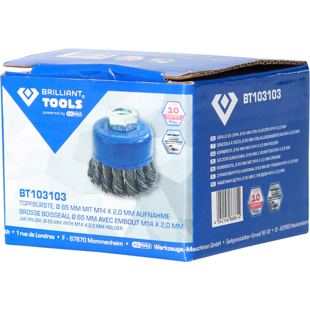 Eine blaue Verpackung für eine Topfbürste mit M14-Aufnahme, Marke Brilliant Tools.