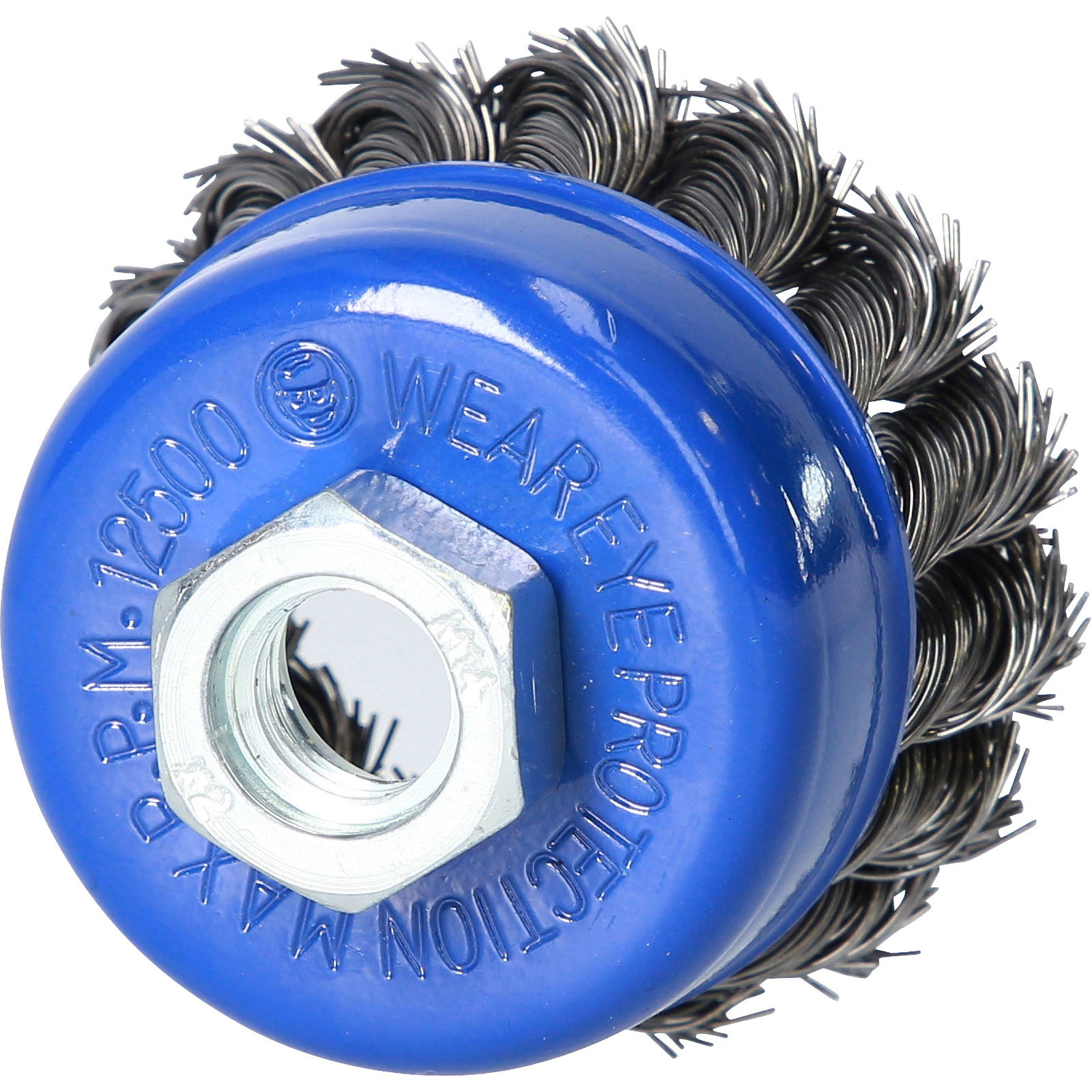 Blaue Drahtbürste mit Metallborsten, zeigt Text 'MAX RPM 12500'.