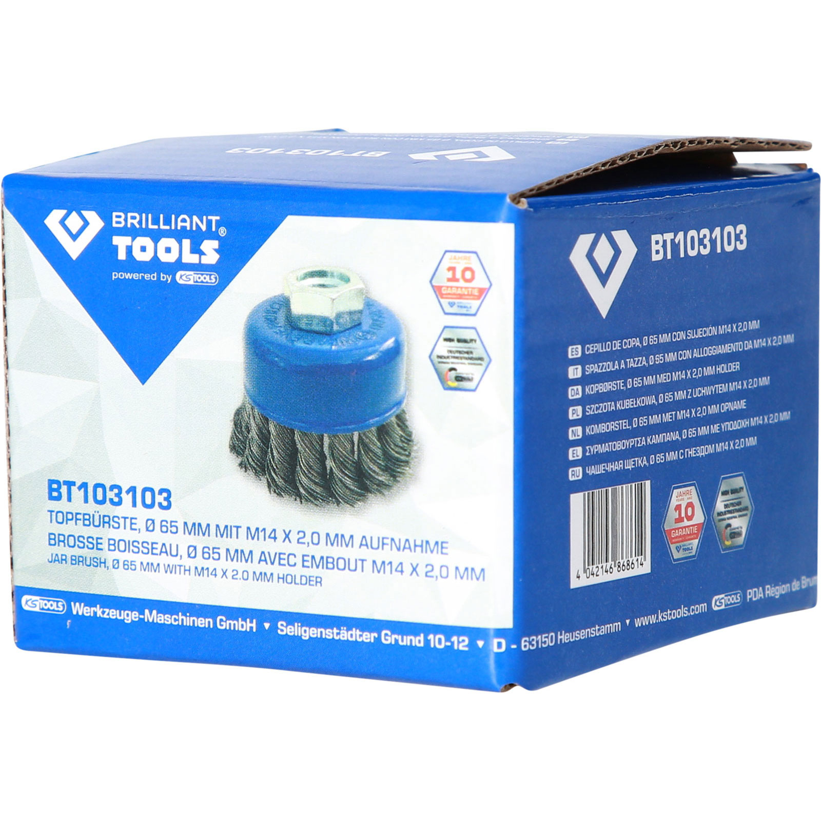 Blaue Verpackung mit Drahtbürste, Ø 65mm, M14-Aufnahme.