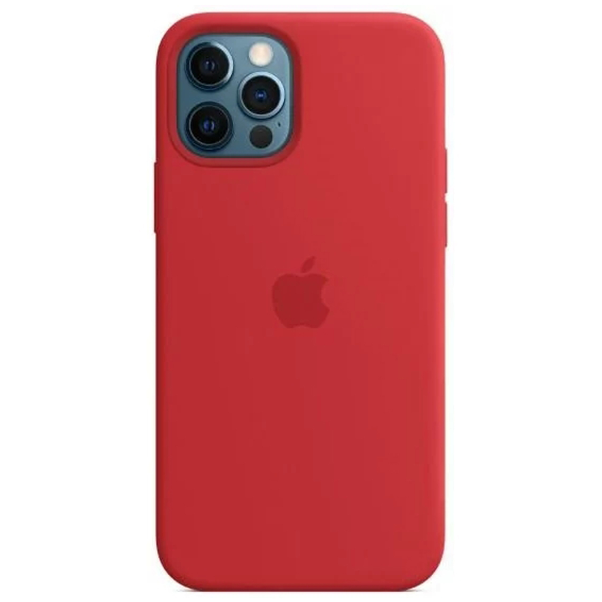 Rode telefoonhoes met Apple-logo en drievoudige camera-uitsparing.