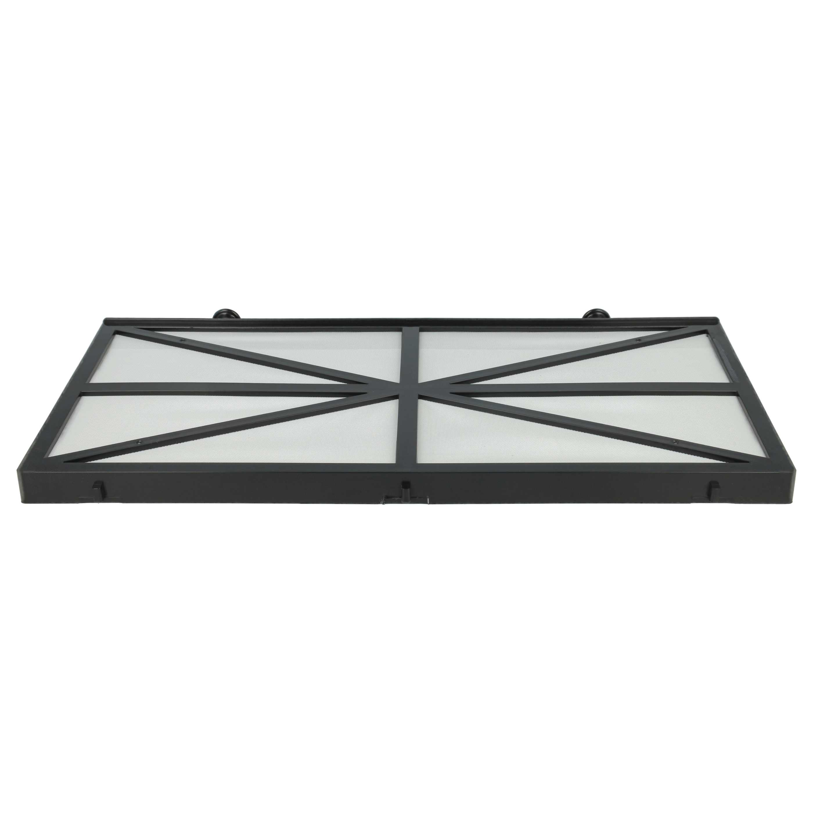 Ein schwarzer rechteckiger Poolfilter mit weißem Netzgewebe und schwarzen Streben.