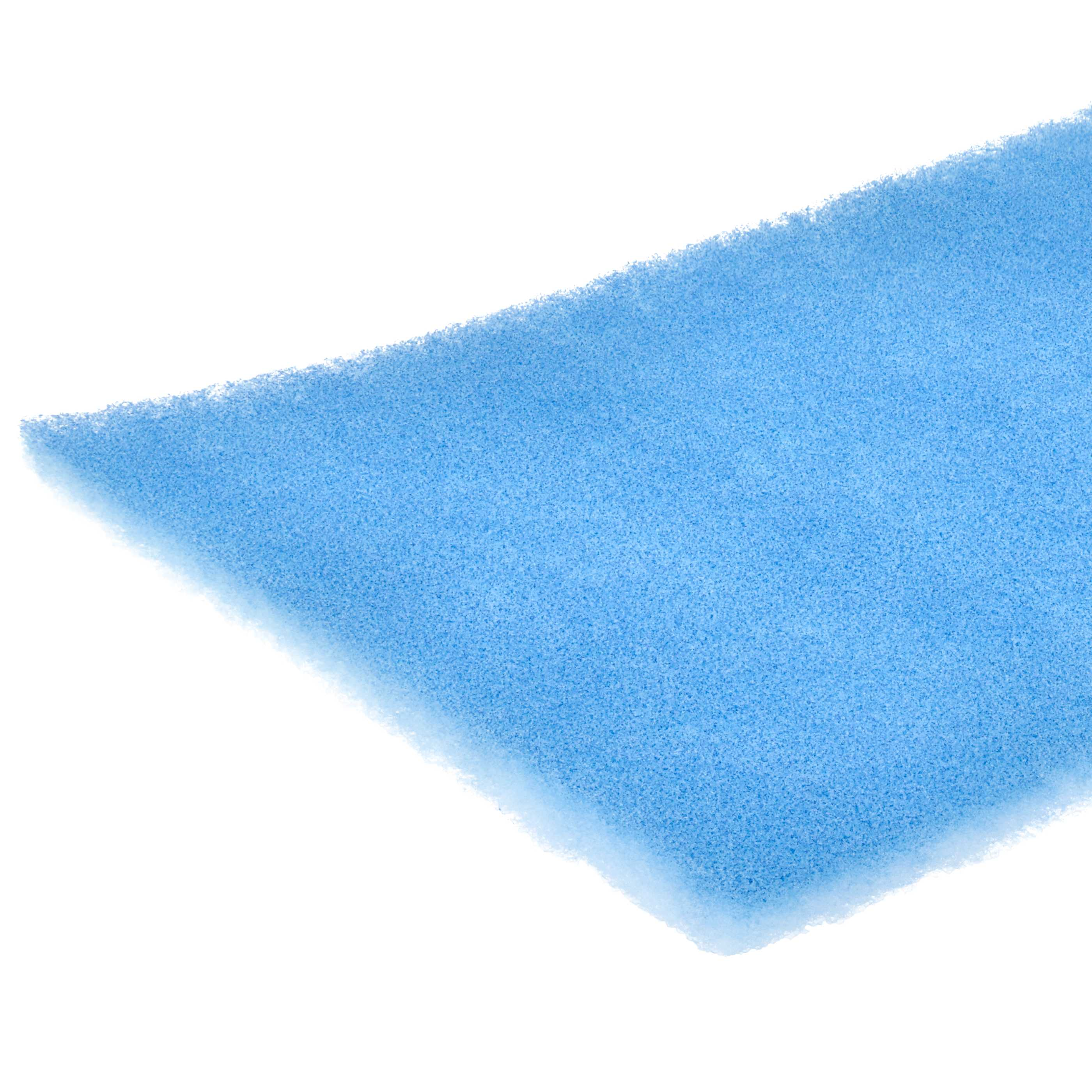 Ein hellblaues, poröses Schaumstoffstück auf weißem Hintergrund.