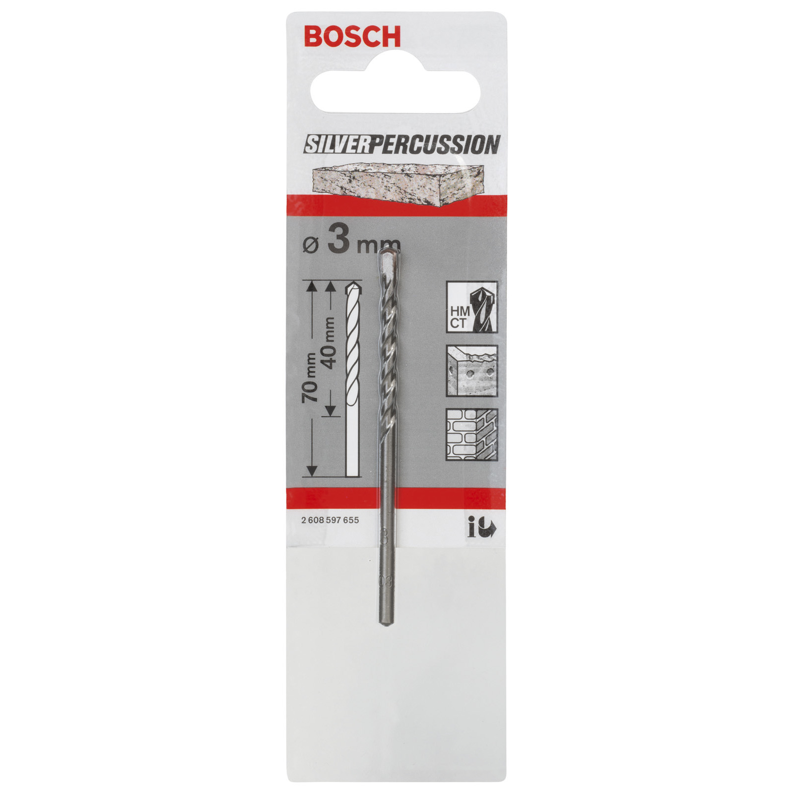 Bosch Silver Percussion Bohrer, 3 mm Durchmesser, 70 mm Länge, 40 mm Längenmaß.