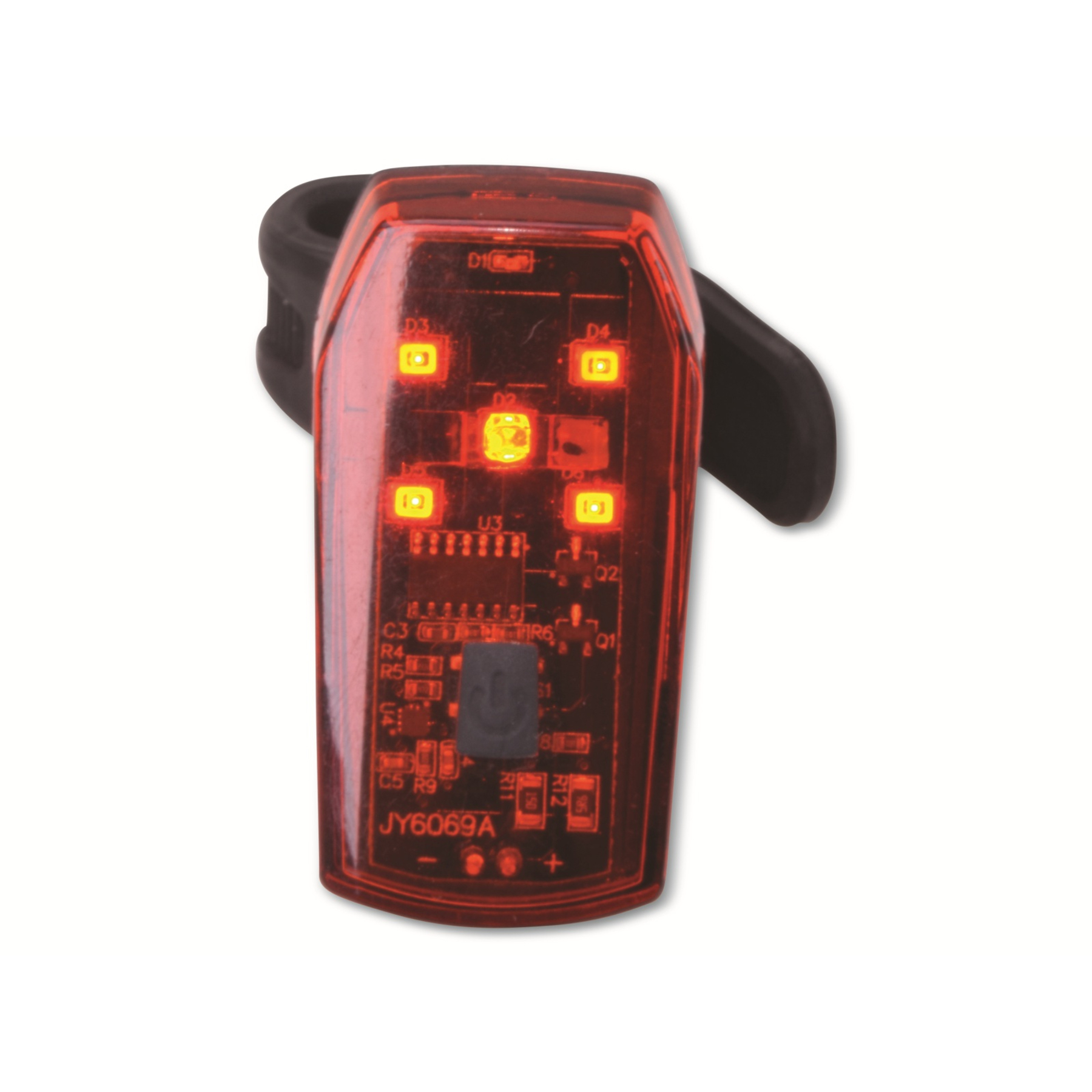 Rotes LED-Rücklicht mit sichtbarer Platine und schwarzem Gurt.