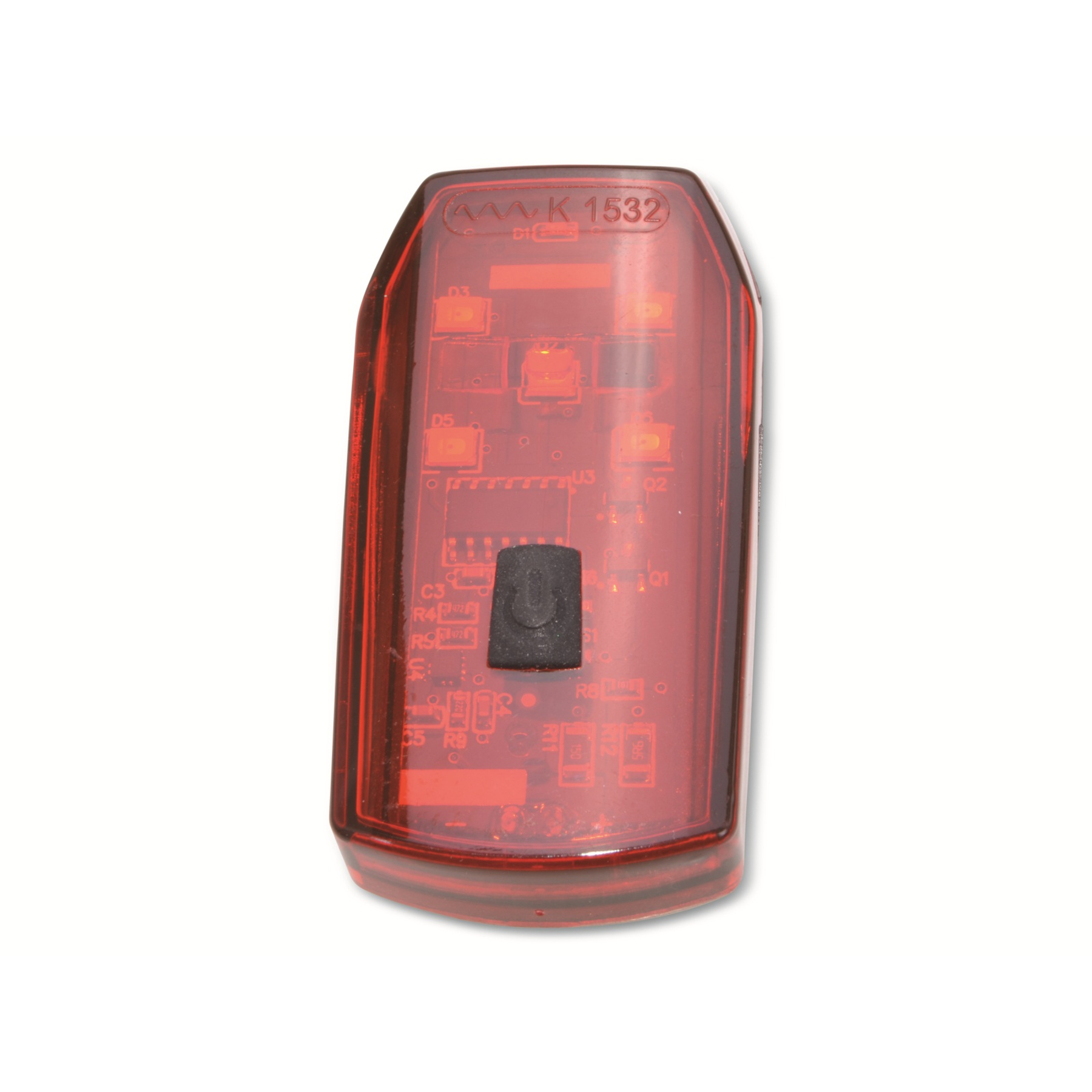 Rotes LED-Rücklicht mit Leiterplatte und schwarzem Knopf.