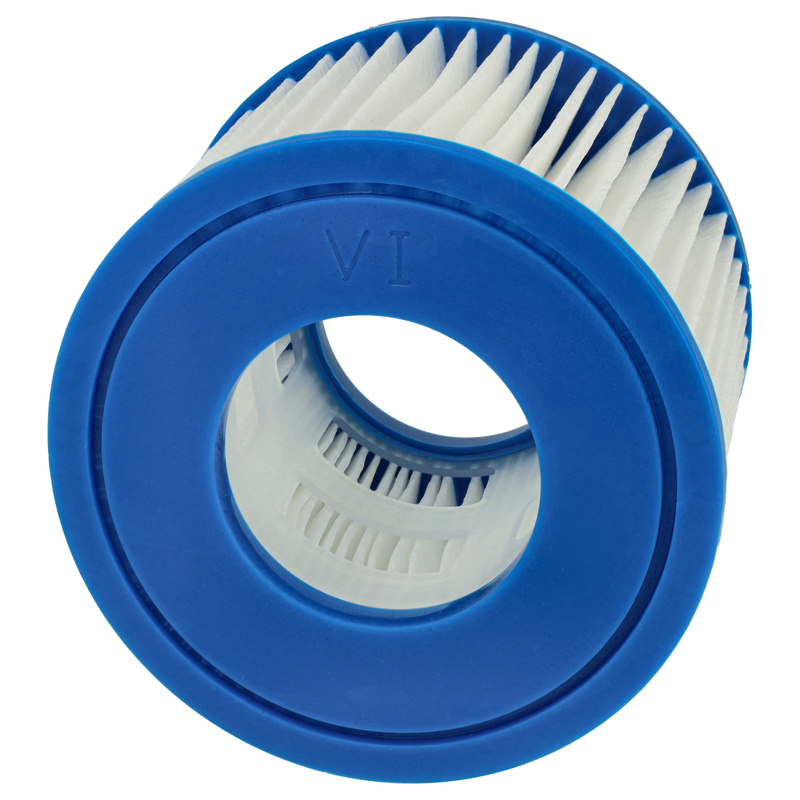 Ein blauer Poolfilter mit Falten und der römischen Zahl VI.
