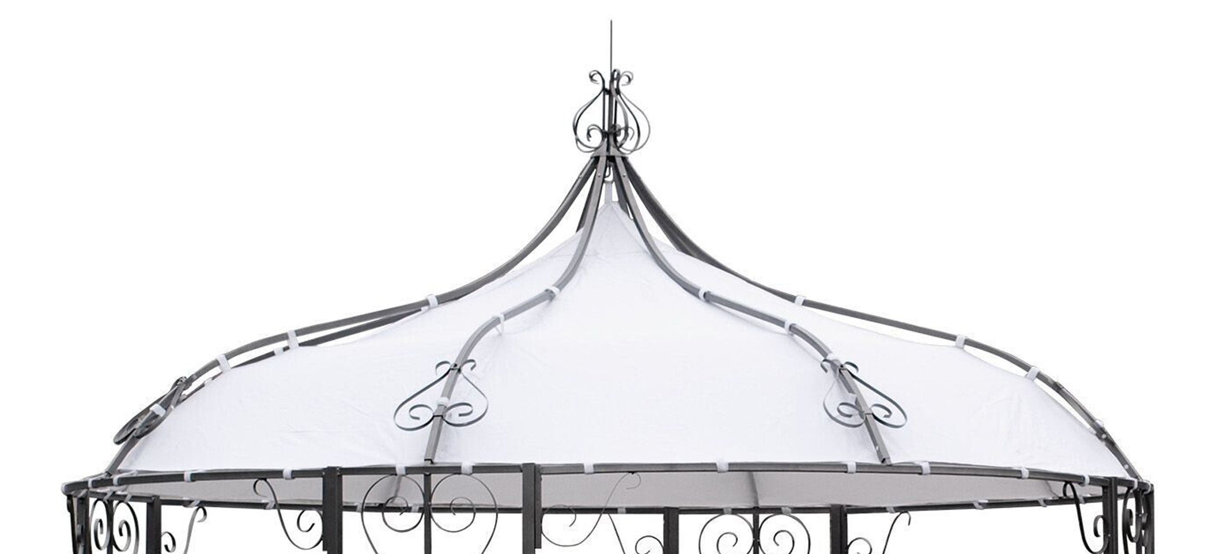 Ein weißes Gazebo-Dach mit schwarzem Metallrahmen und dekorativen Verzierungen.