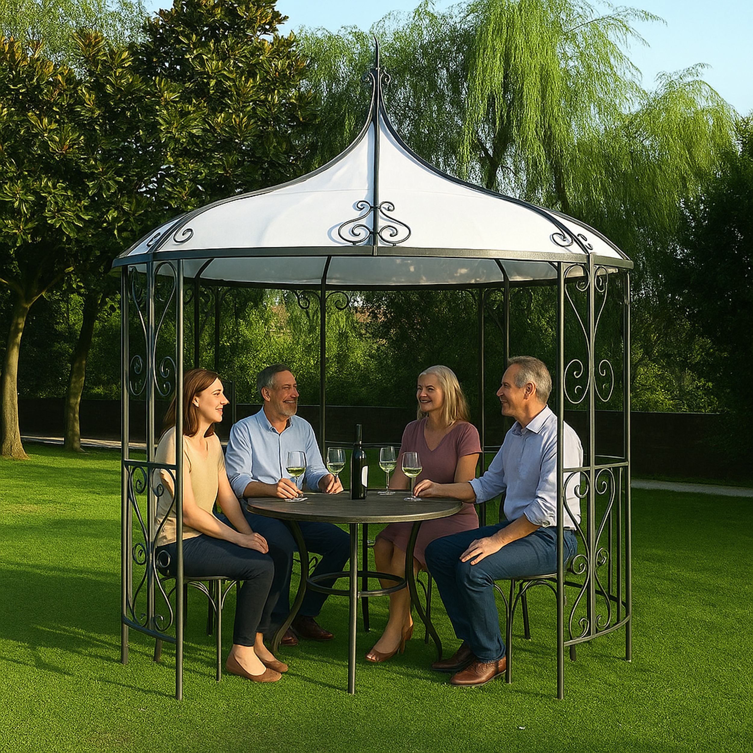 Vier Personen sitzen an einem runden Tisch unter einem Pavillon im Freien.