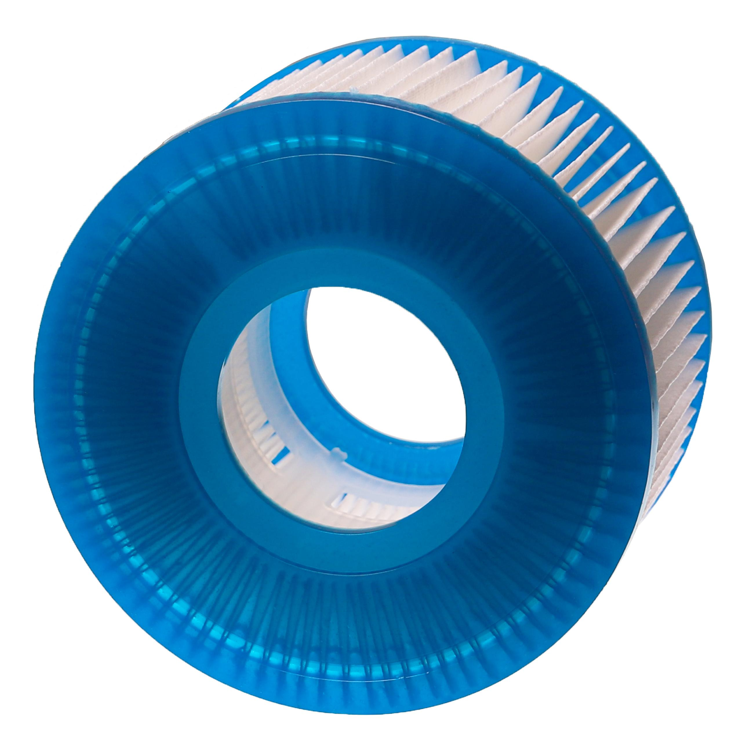 Ein blauer Poolfilter mit weißen Falten, auf weißem Hintergrund.