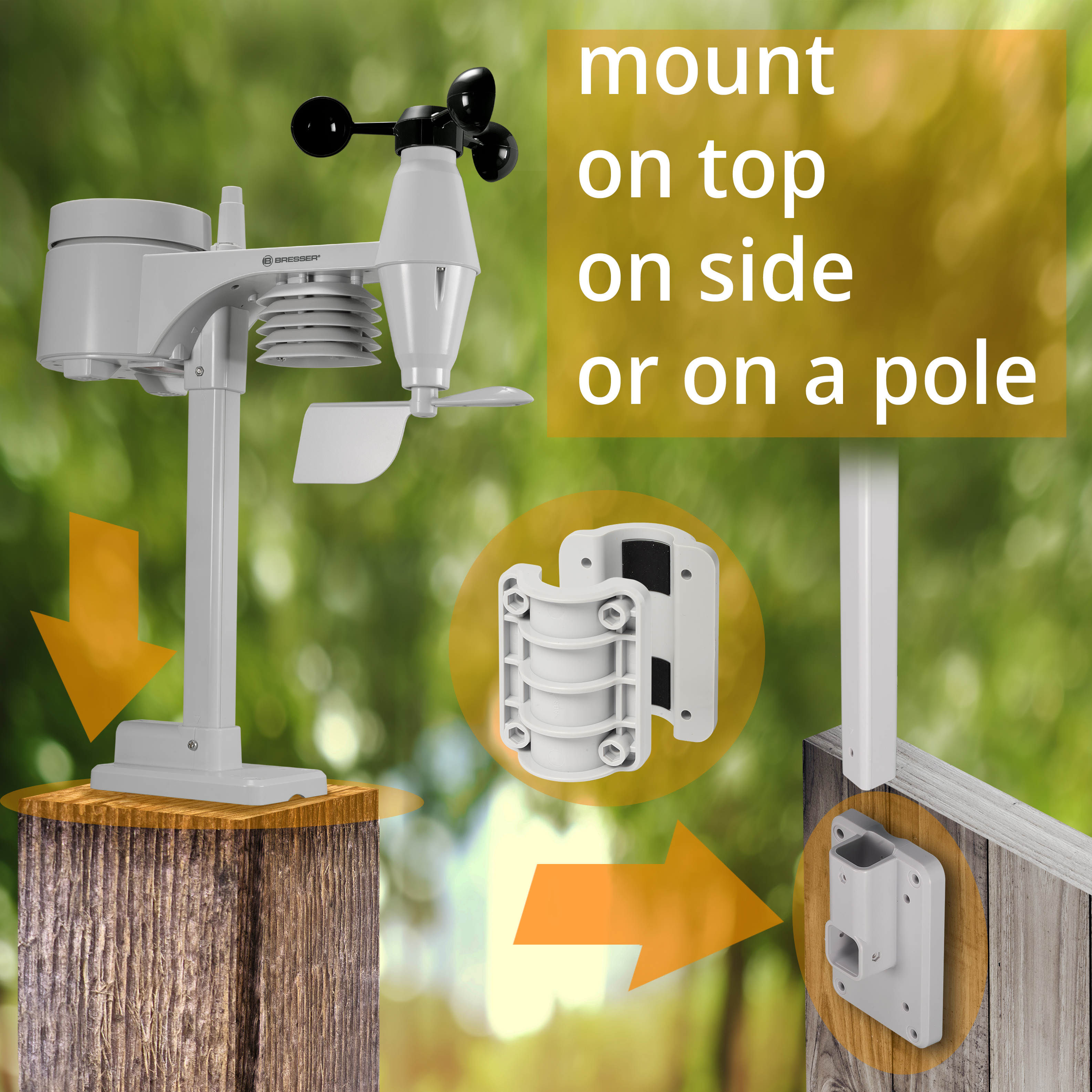 Ein Wetterstation-Turm mit Windmesser auf einem Holzpfosten, Montageoptionen.