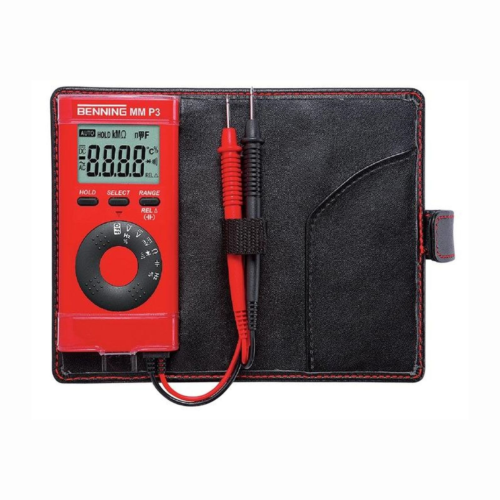 Rotes Multimeter mit schwarzem Lederetui und Messleitungen.