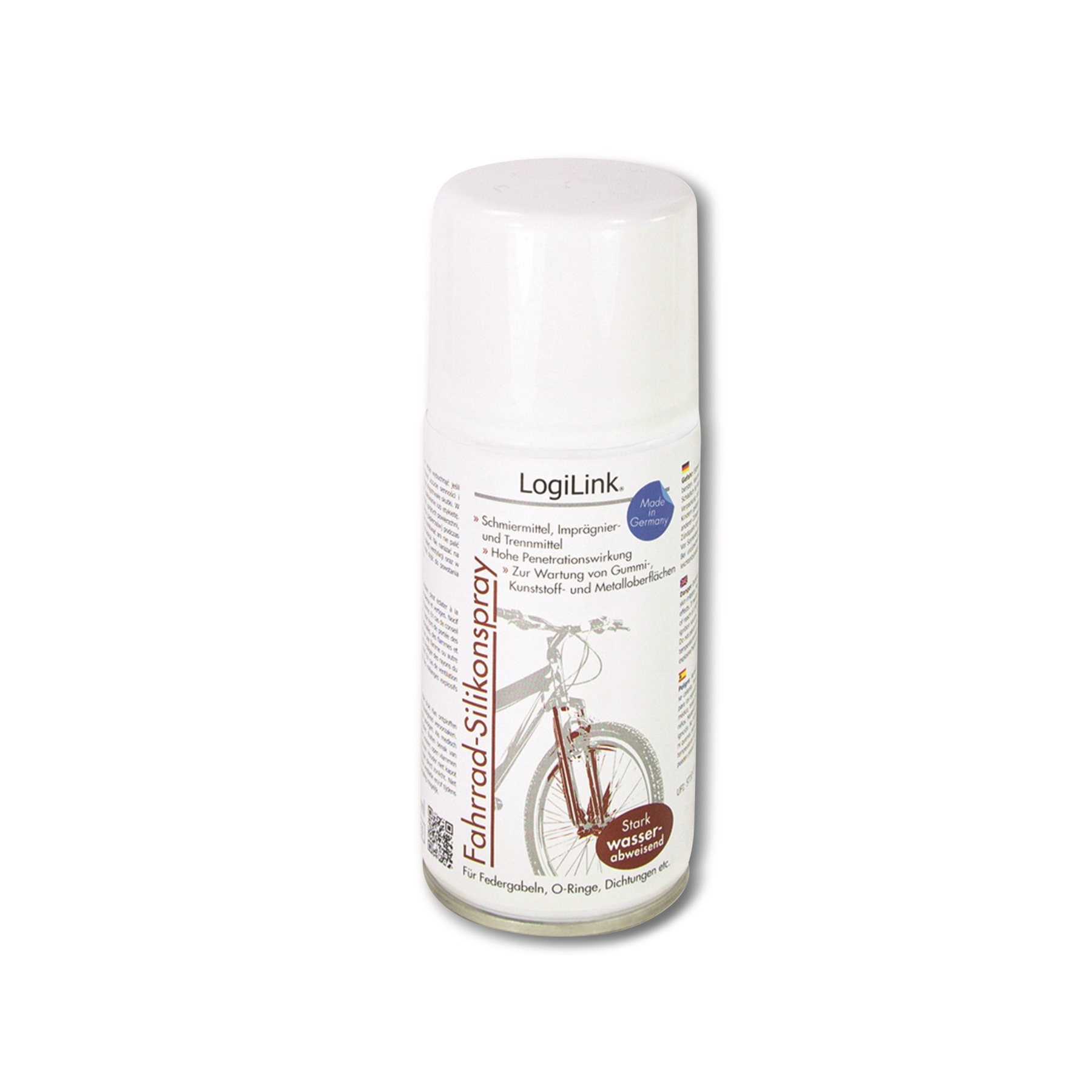 Weiße Sprühdose mit Fahrrad-Silikonspray, Made in Germany.