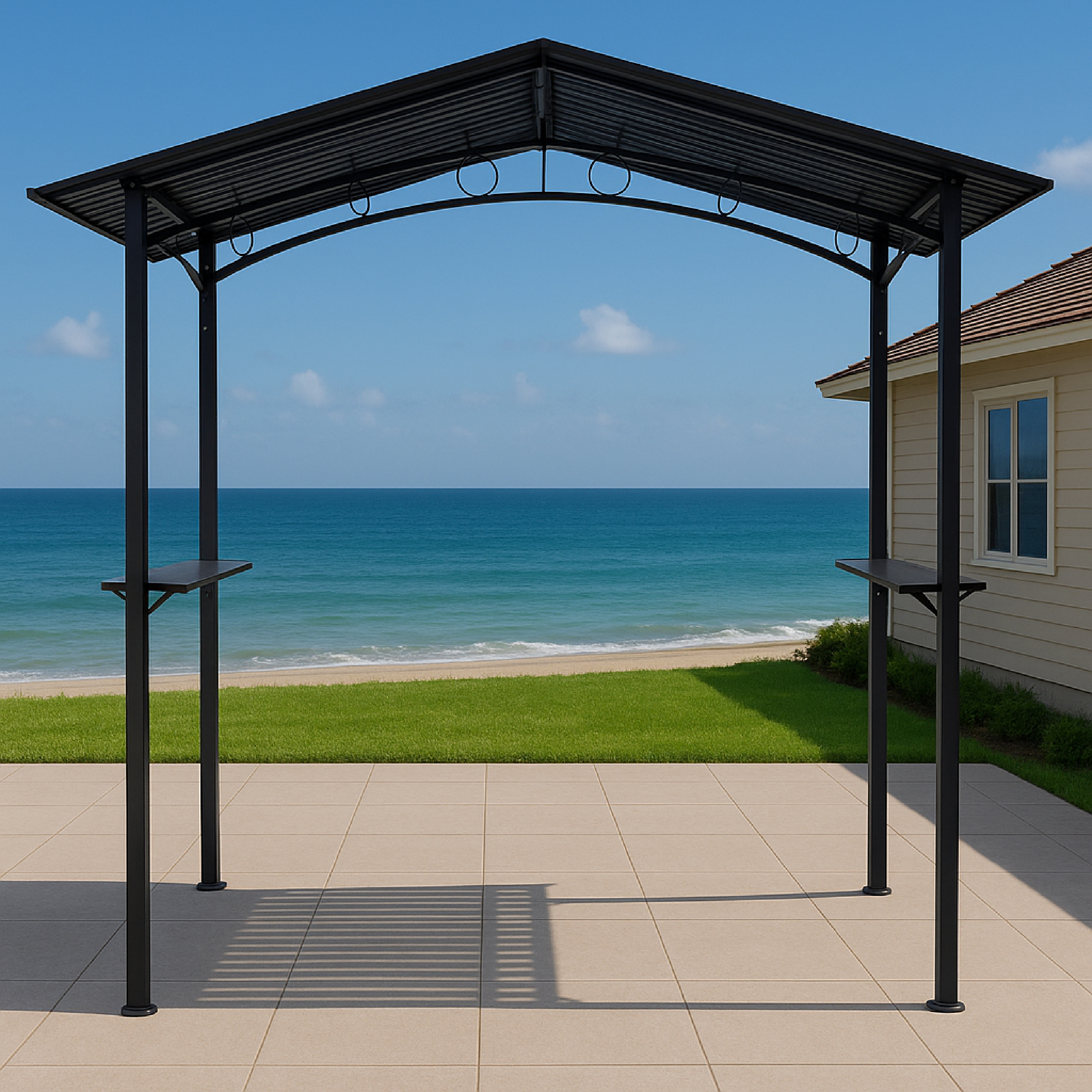 Ein schwarzer Pavillon am Meer mit einem Haus im Hintergrund.